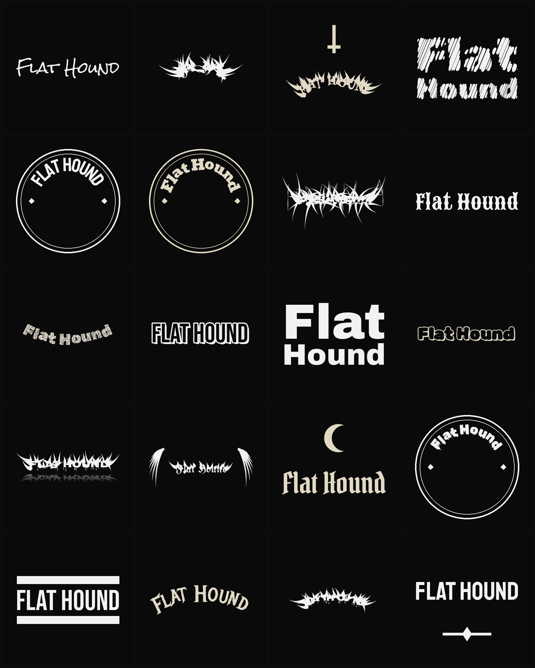 Twenty Flat Hound band logo ideas — different faces, treatments and spike settings