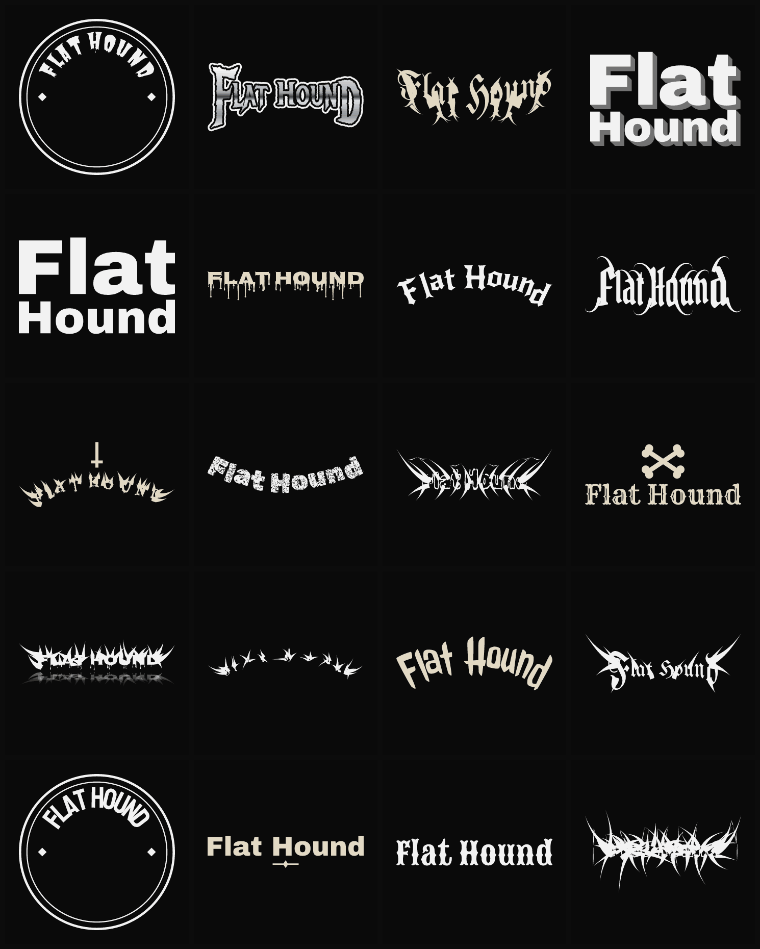 Twenty Flat Hound band logo ideas — different faces, treatments and spike settings