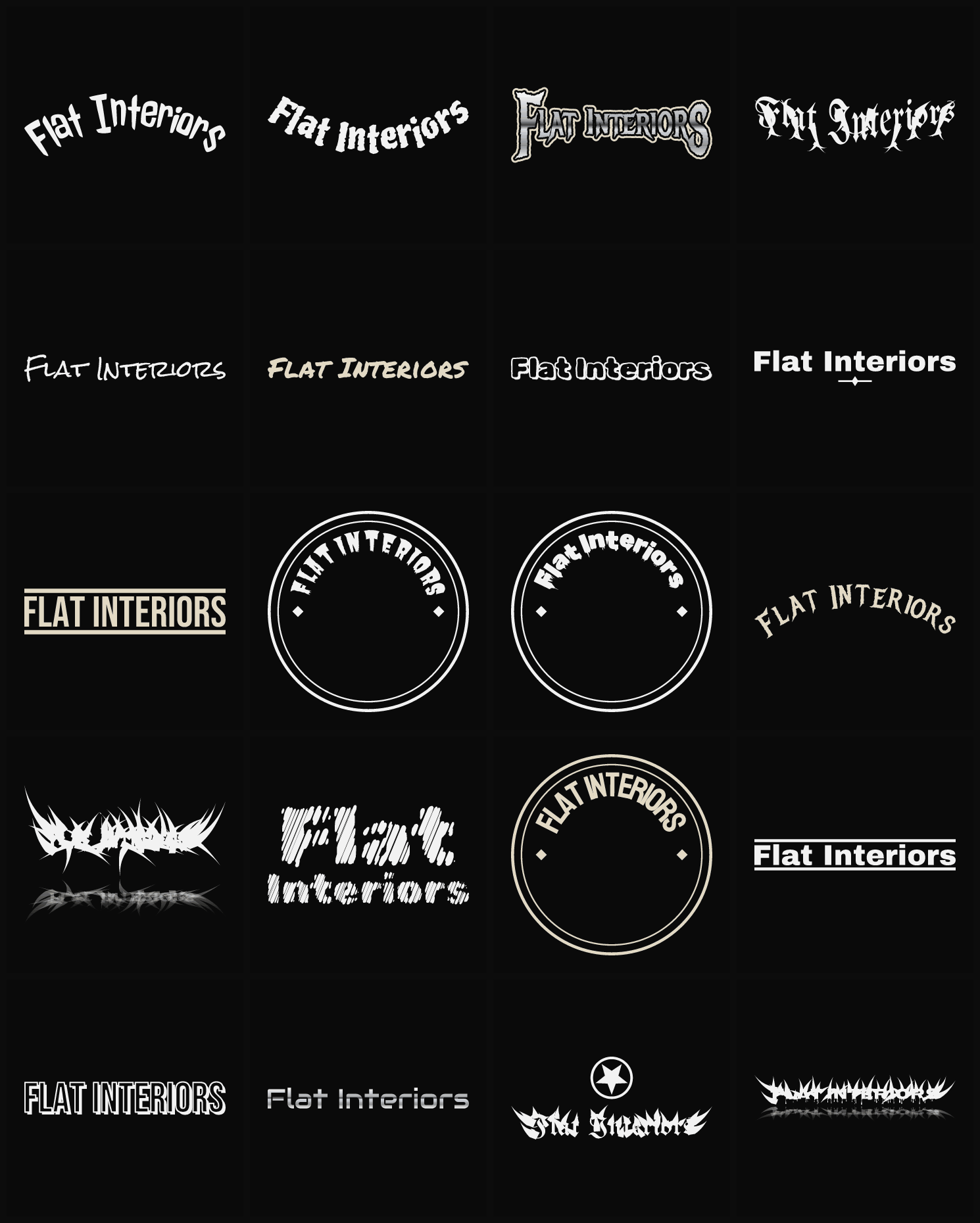 Twenty Flat Interiors band logo ideas — different faces, treatments and spike settings
