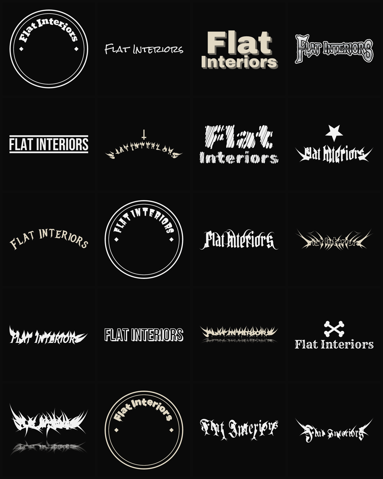 Twenty Flat Interiors band logo ideas — different faces, treatments and spike settings