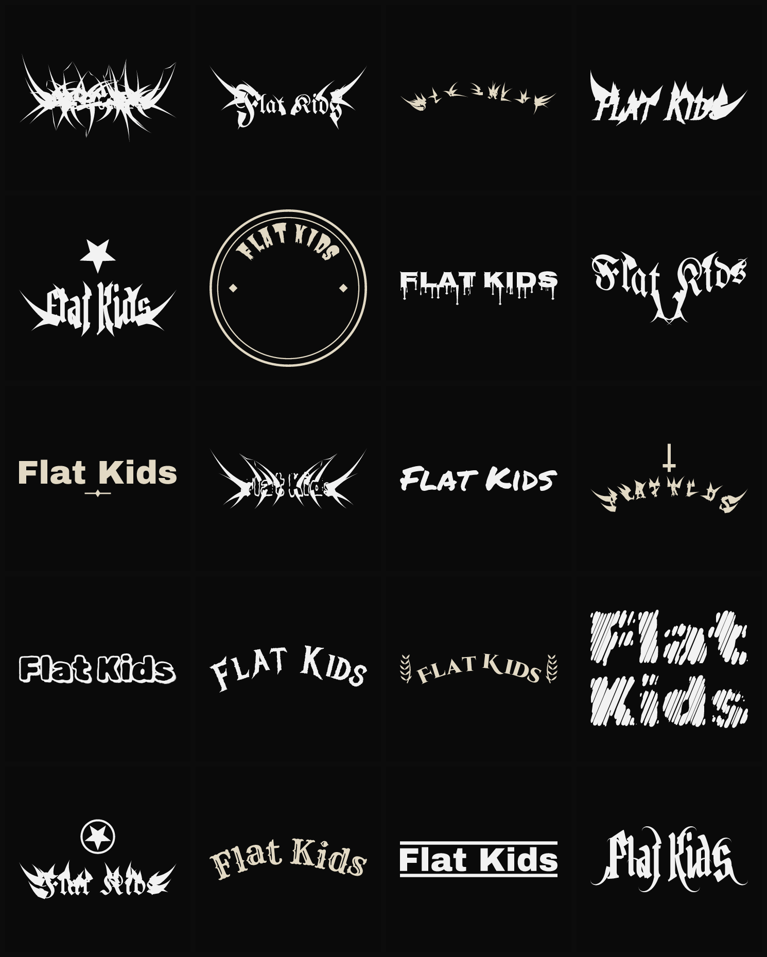 Twenty Flat Kids band logo ideas — different faces, treatments and spike settings