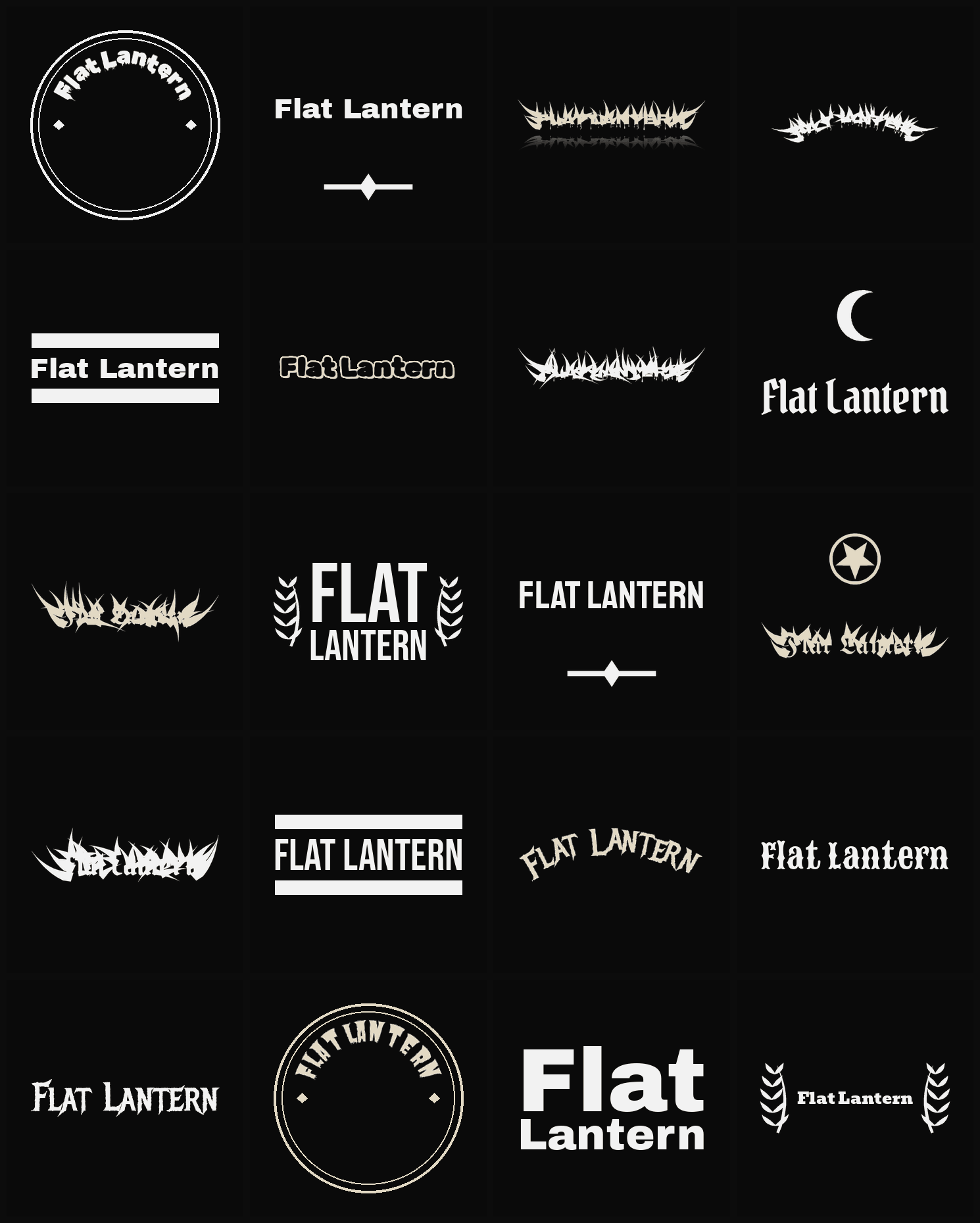 Twenty Flat Lantern band logo ideas — different faces, treatments and spike settings