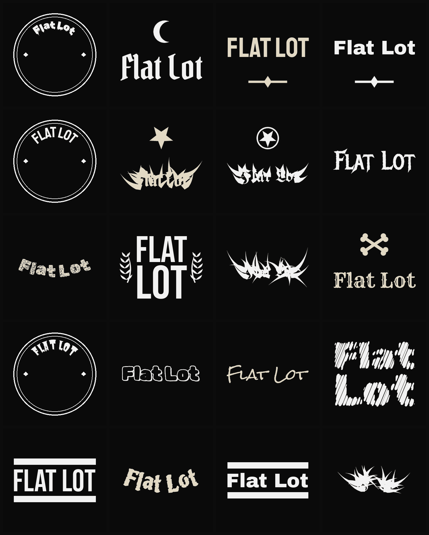 Twenty Flat Lot band logo ideas — different faces, treatments and spike settings