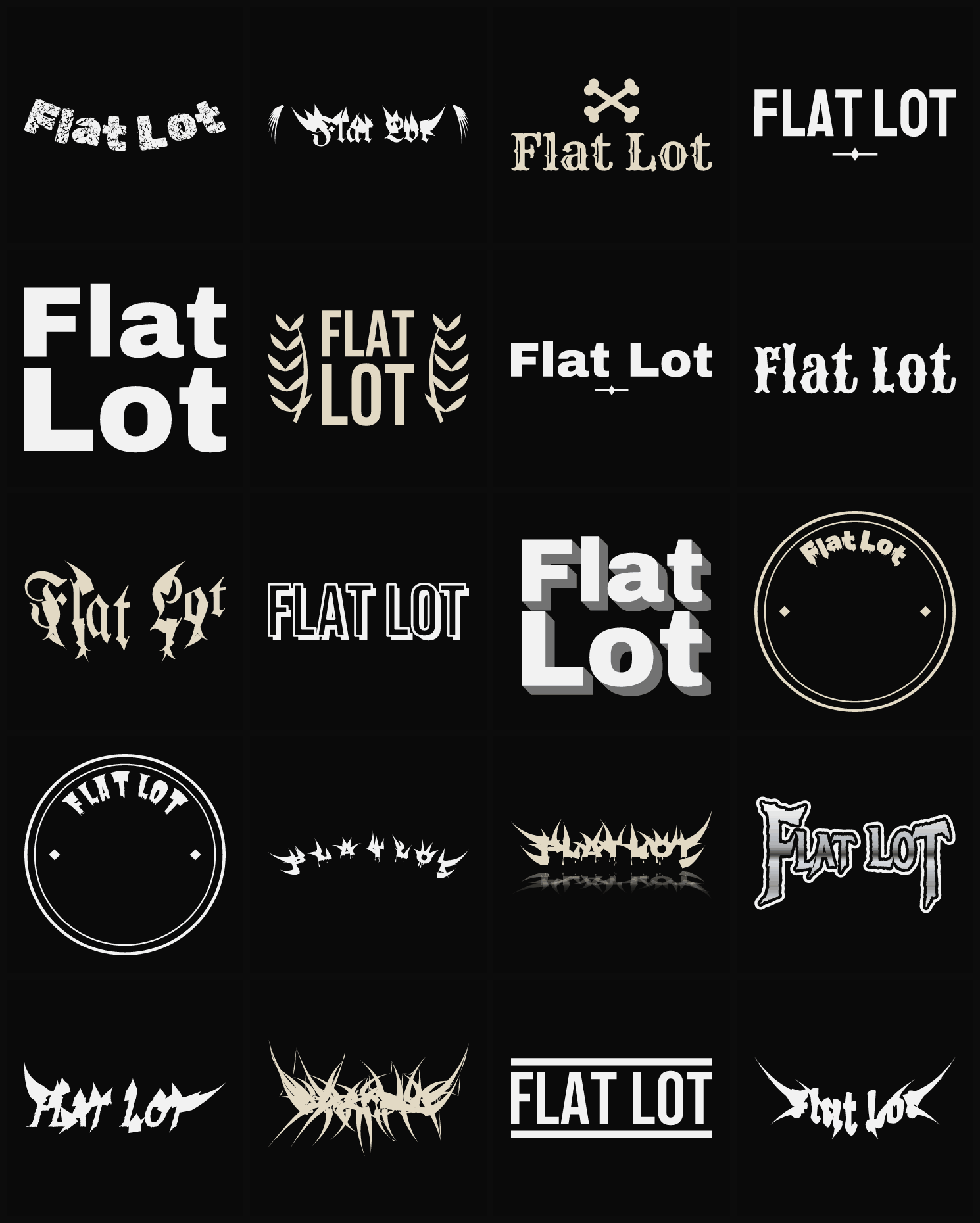 Twenty Flat Lot band logo ideas — different faces, treatments and spike settings