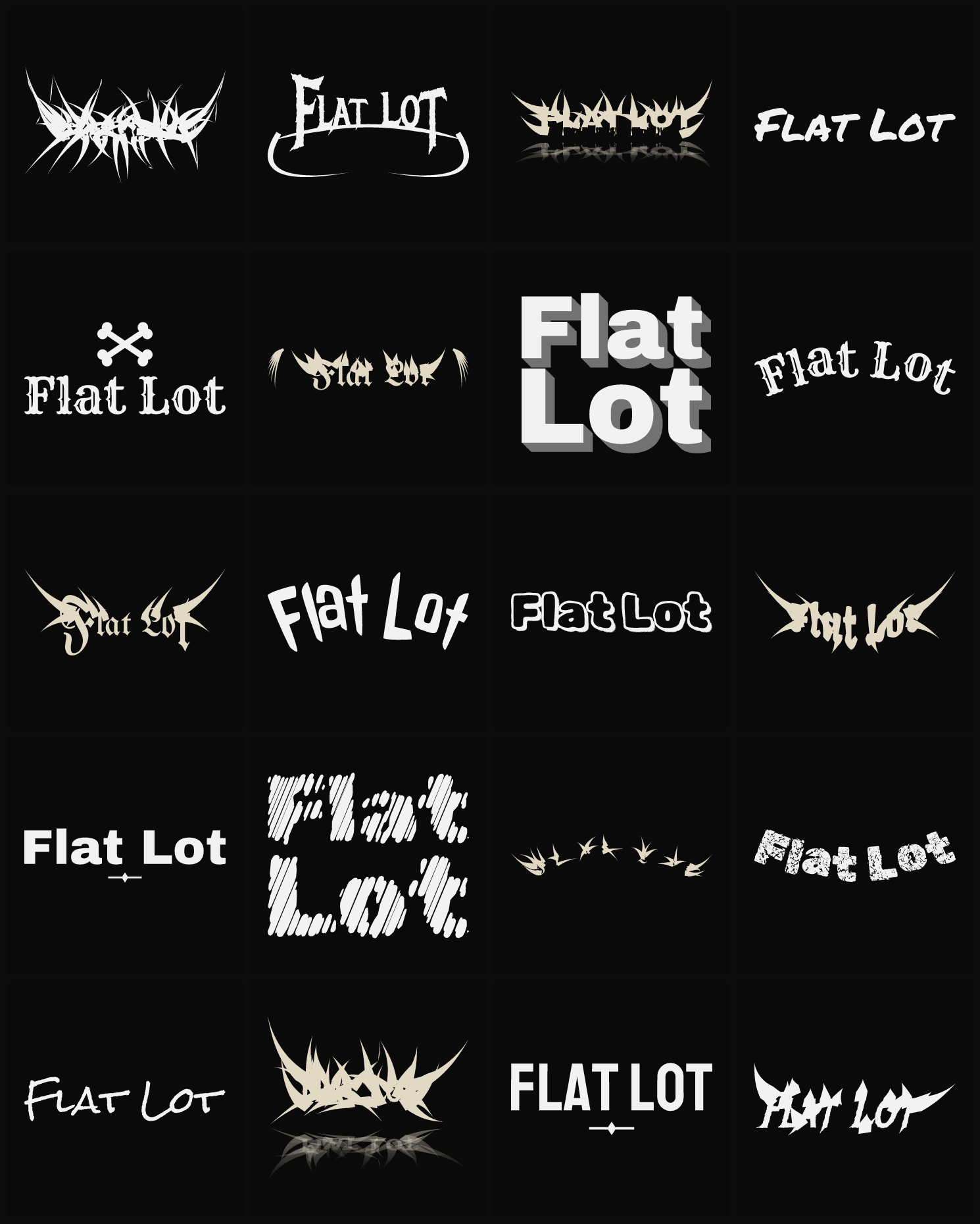 Twenty Flat Lot band logo ideas — different faces, treatments and spike settings