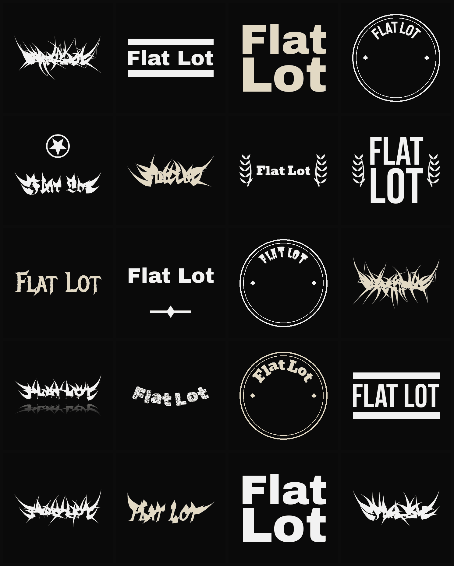 Twenty Flat Lot band logo ideas — different faces, treatments and spike settings