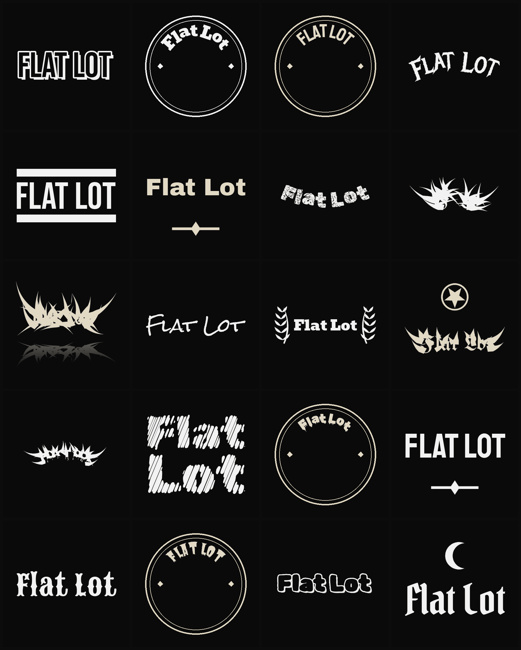 Twenty Flat Lot band logo ideas — different faces, treatments and spike settings