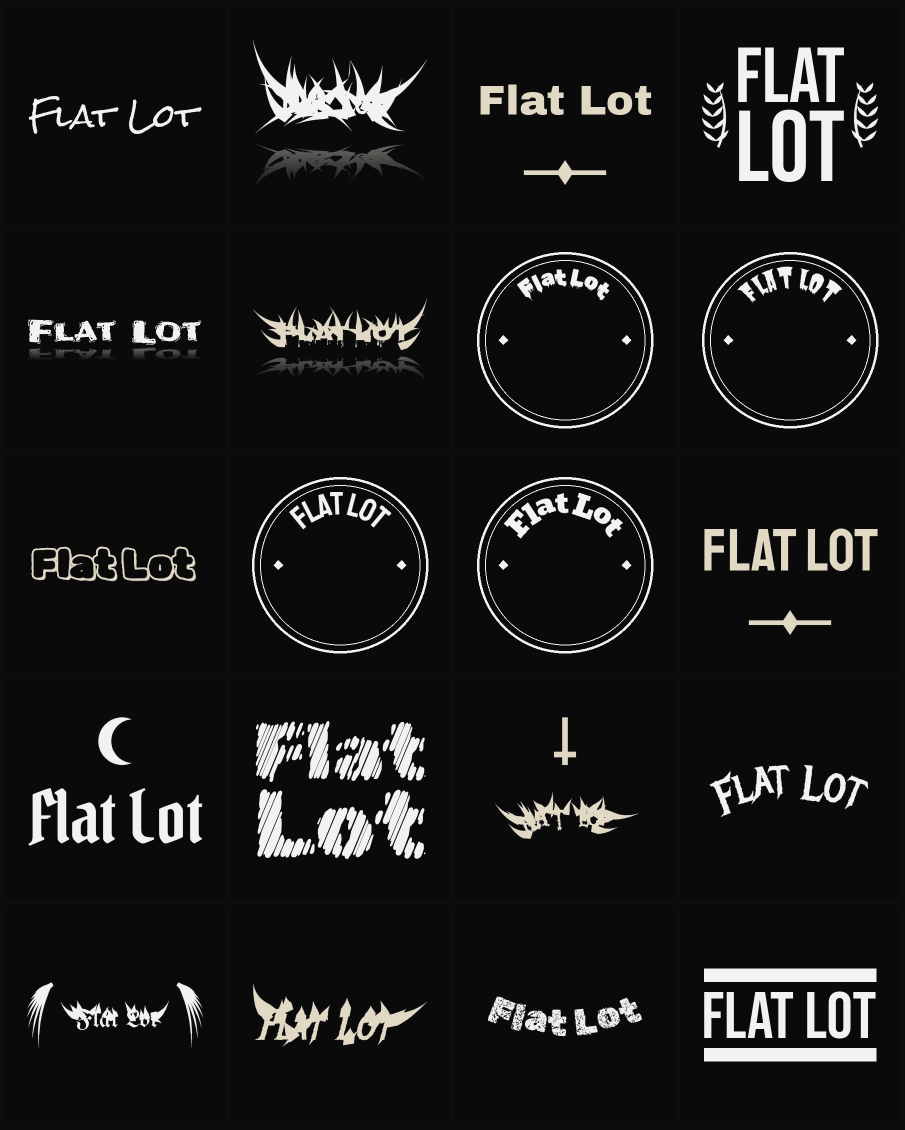 Twenty Flat Lot band logo ideas — different faces, treatments and spike settings