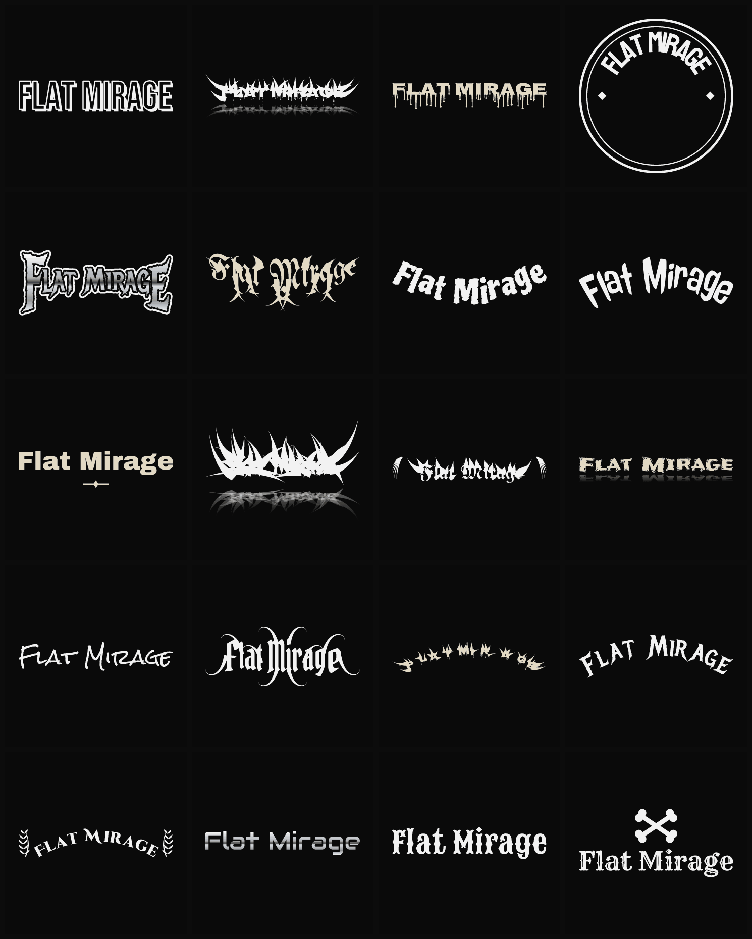 Twenty Flat Mirage band logo ideas — different faces, treatments and spike settings