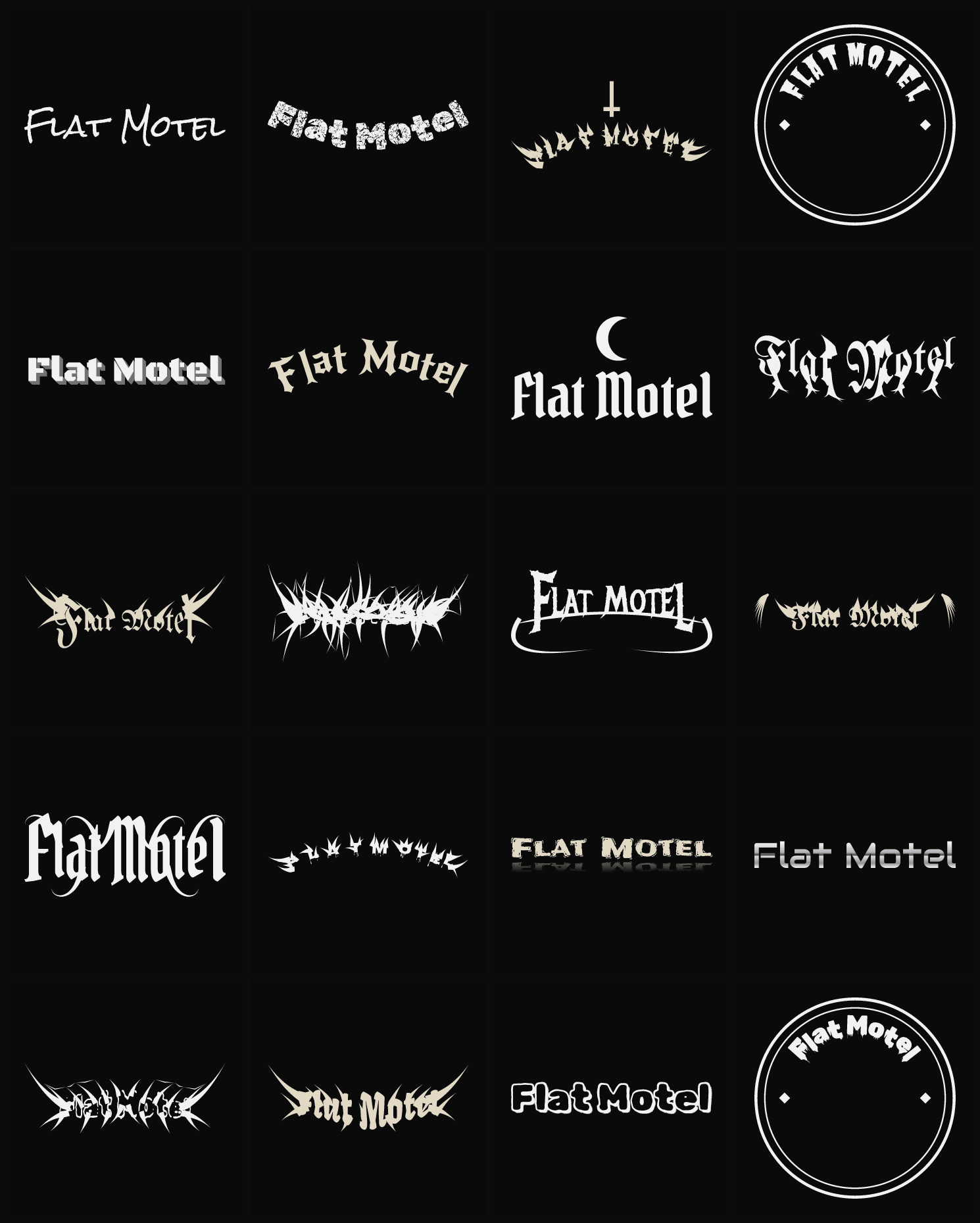 Twenty Flat Motel band logo ideas — different faces, treatments and spike settings