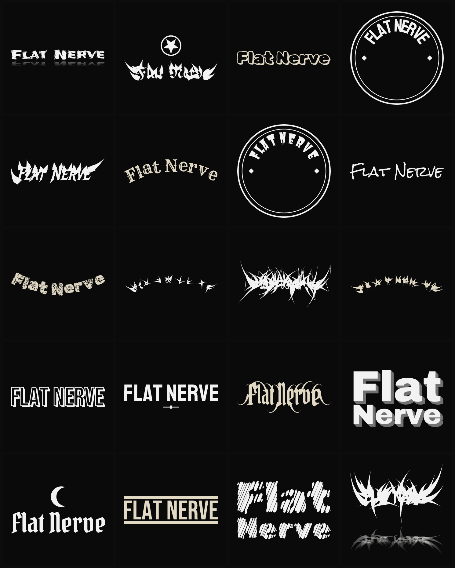 Twenty Flat Nerve band logo ideas — different faces, treatments and spike settings