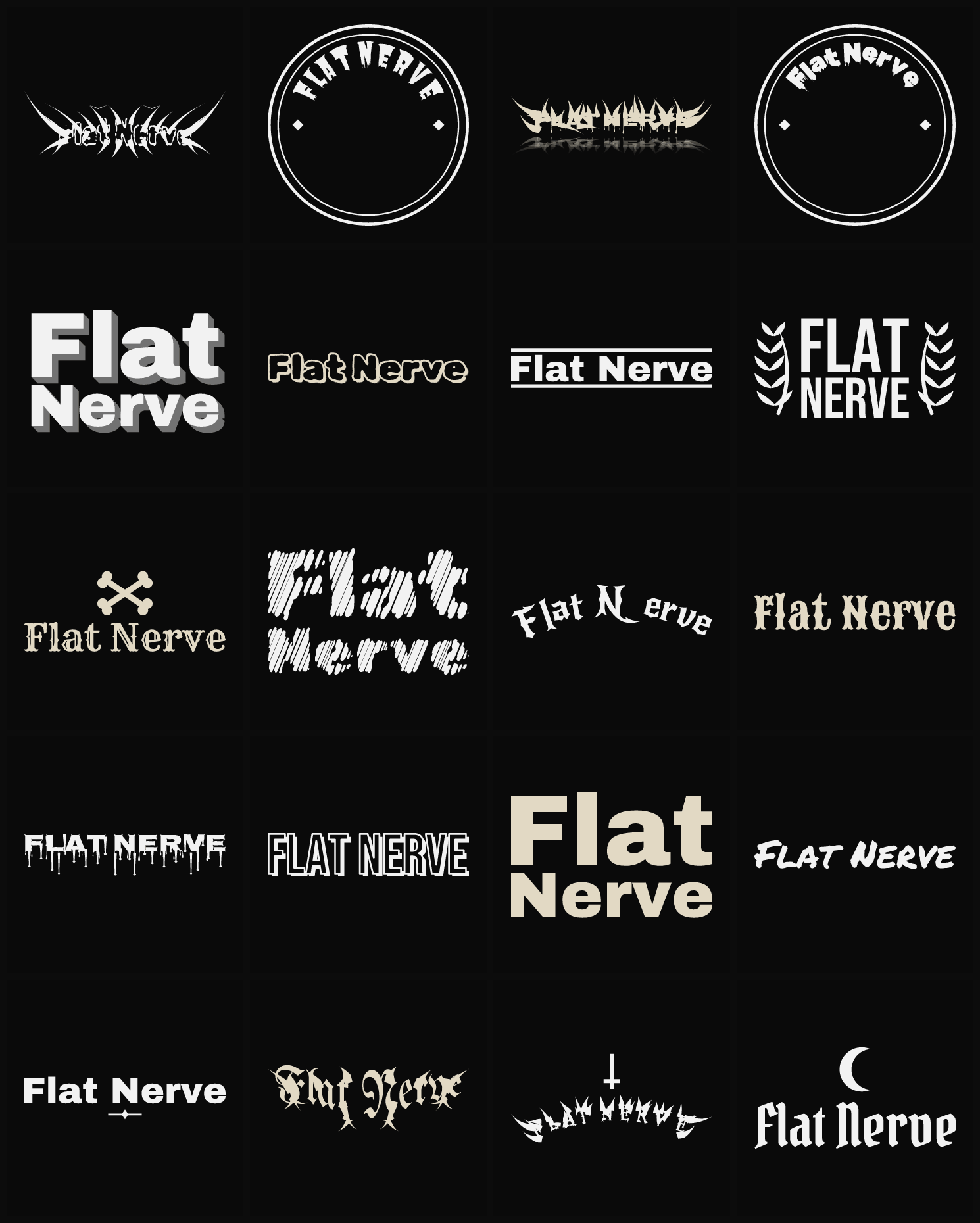 Twenty Flat Nerve band logo ideas — different faces, treatments and spike settings