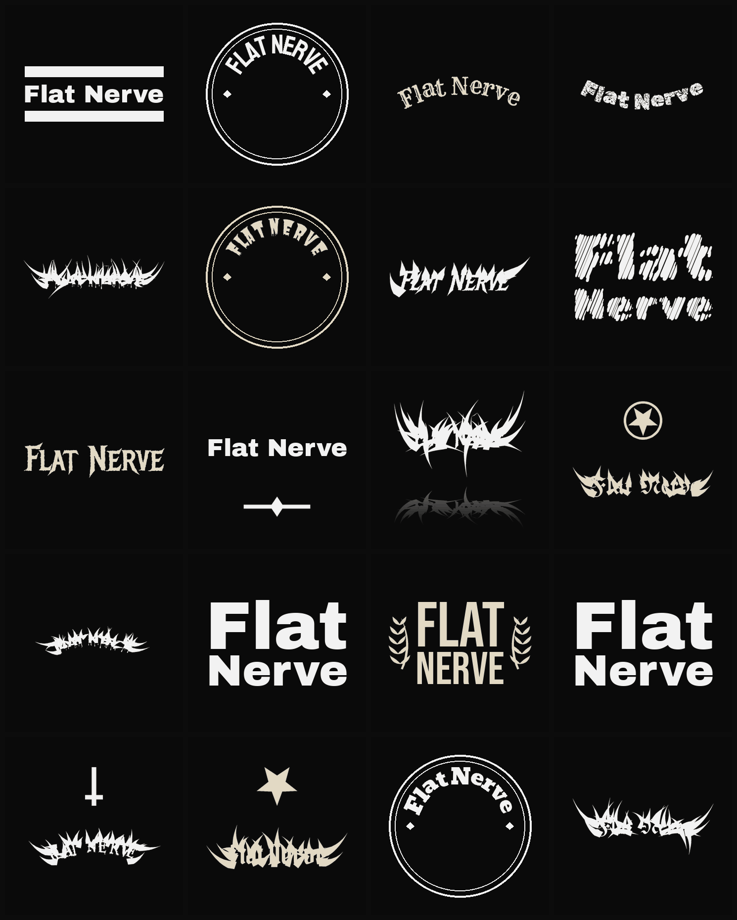 Twenty Flat Nerve band logo ideas — different faces, treatments and spike settings