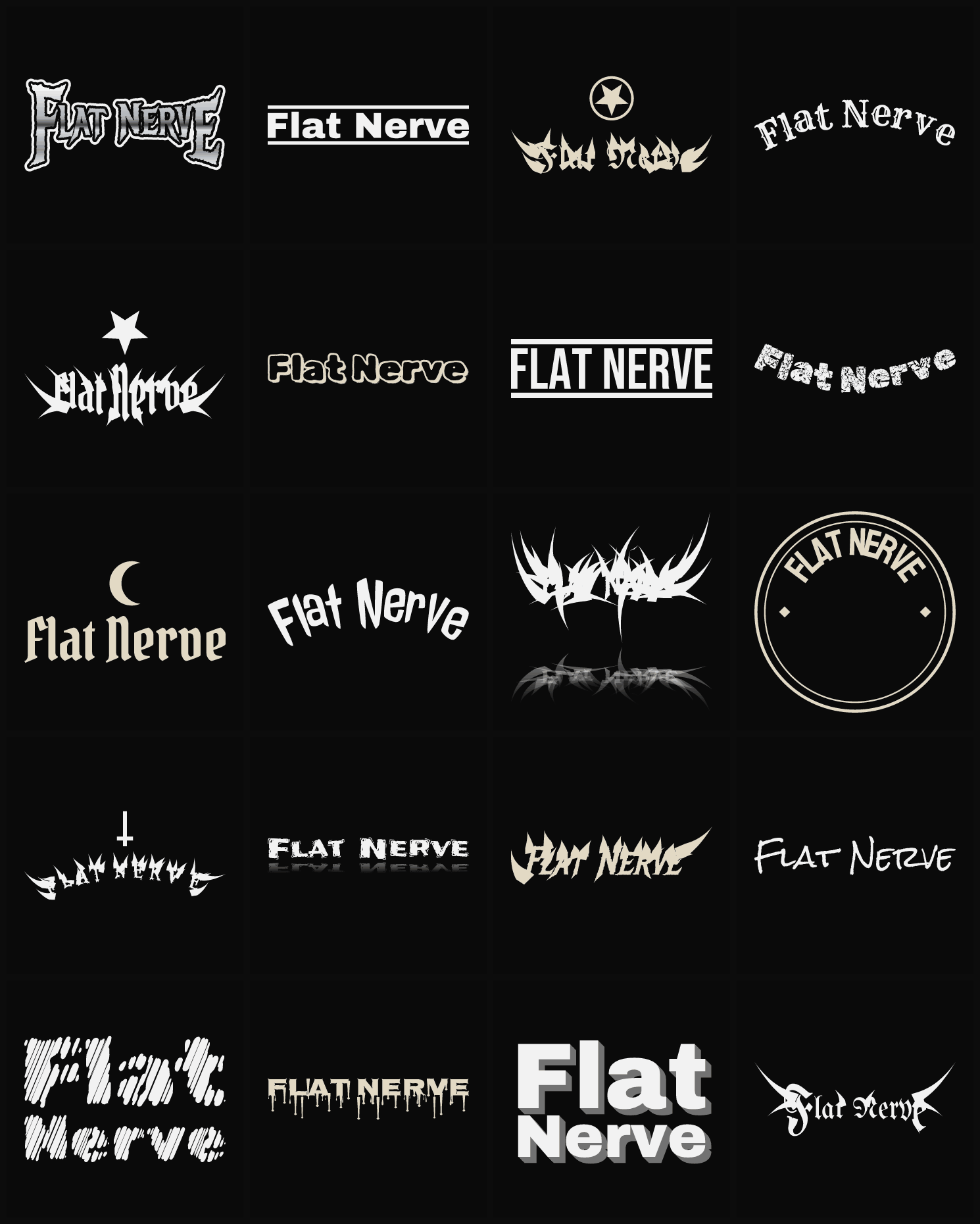 Twenty Flat Nerve band logo ideas — different faces, treatments and spike settings