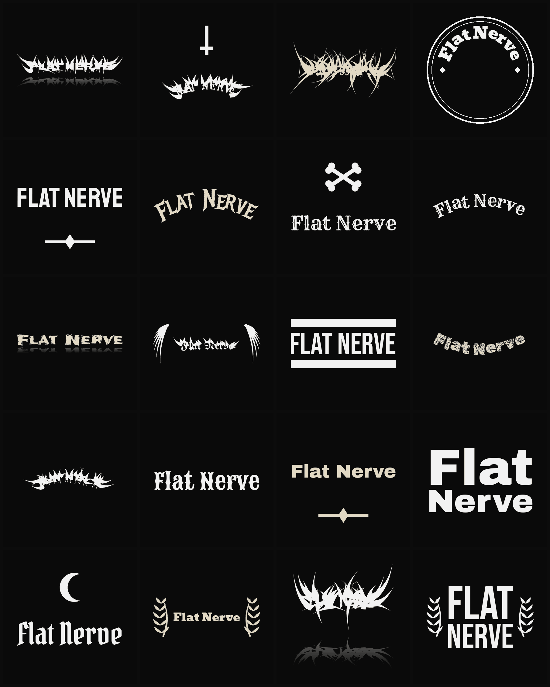 Twenty Flat Nerve band logo ideas — different faces, treatments and spike settings