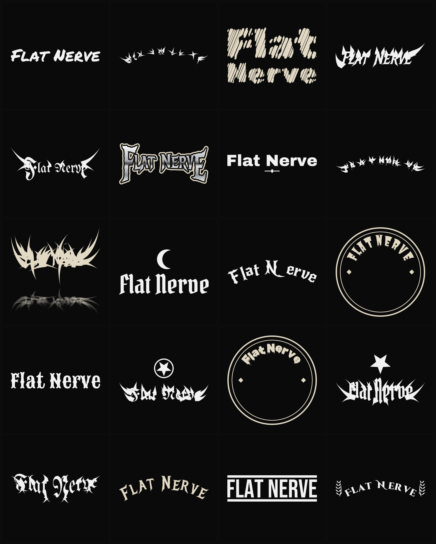 Twenty Flat Nerve band logo ideas — different faces, treatments and spike settings