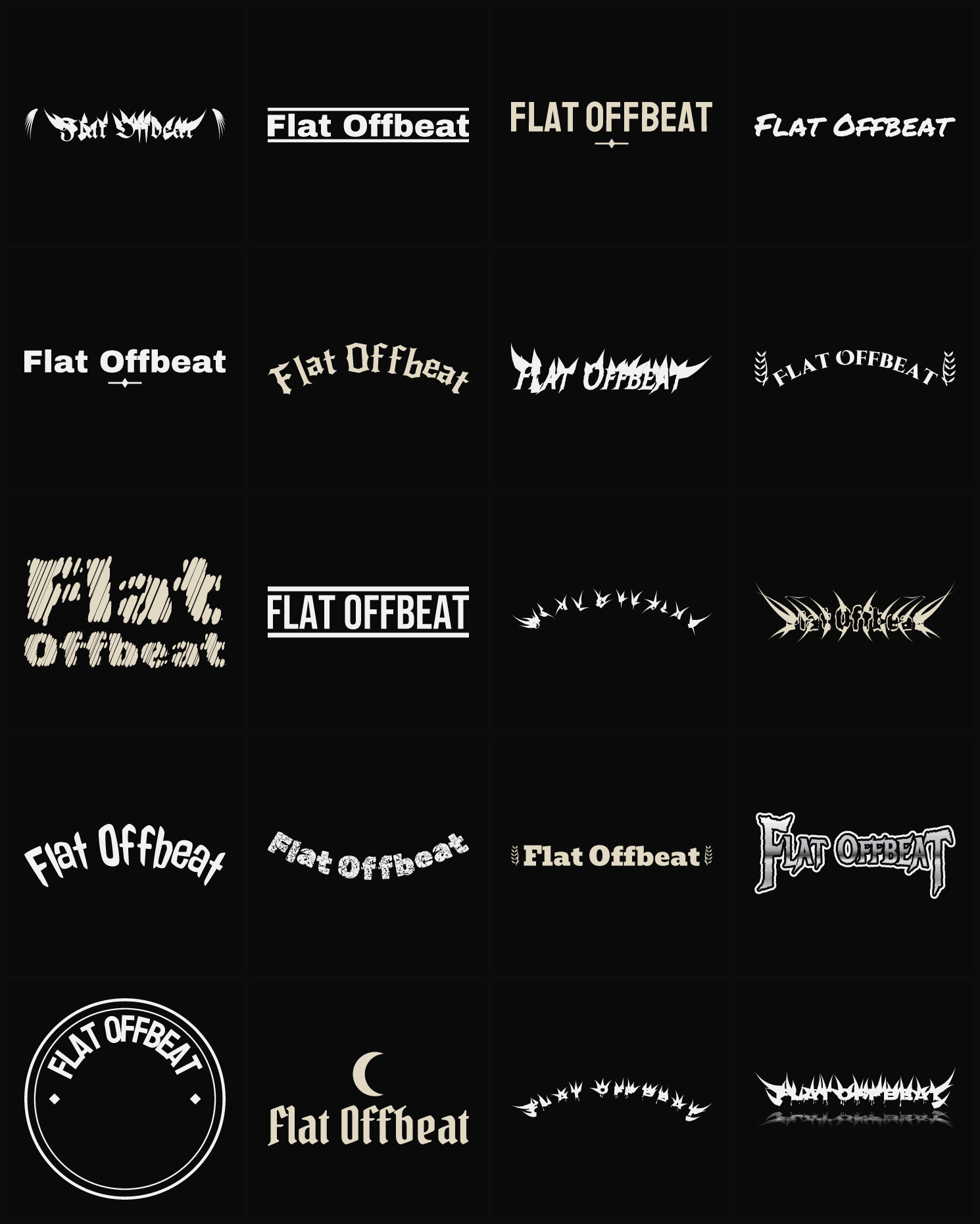 Twenty Flat Offbeat band logo ideas — different faces, treatments and spike settings