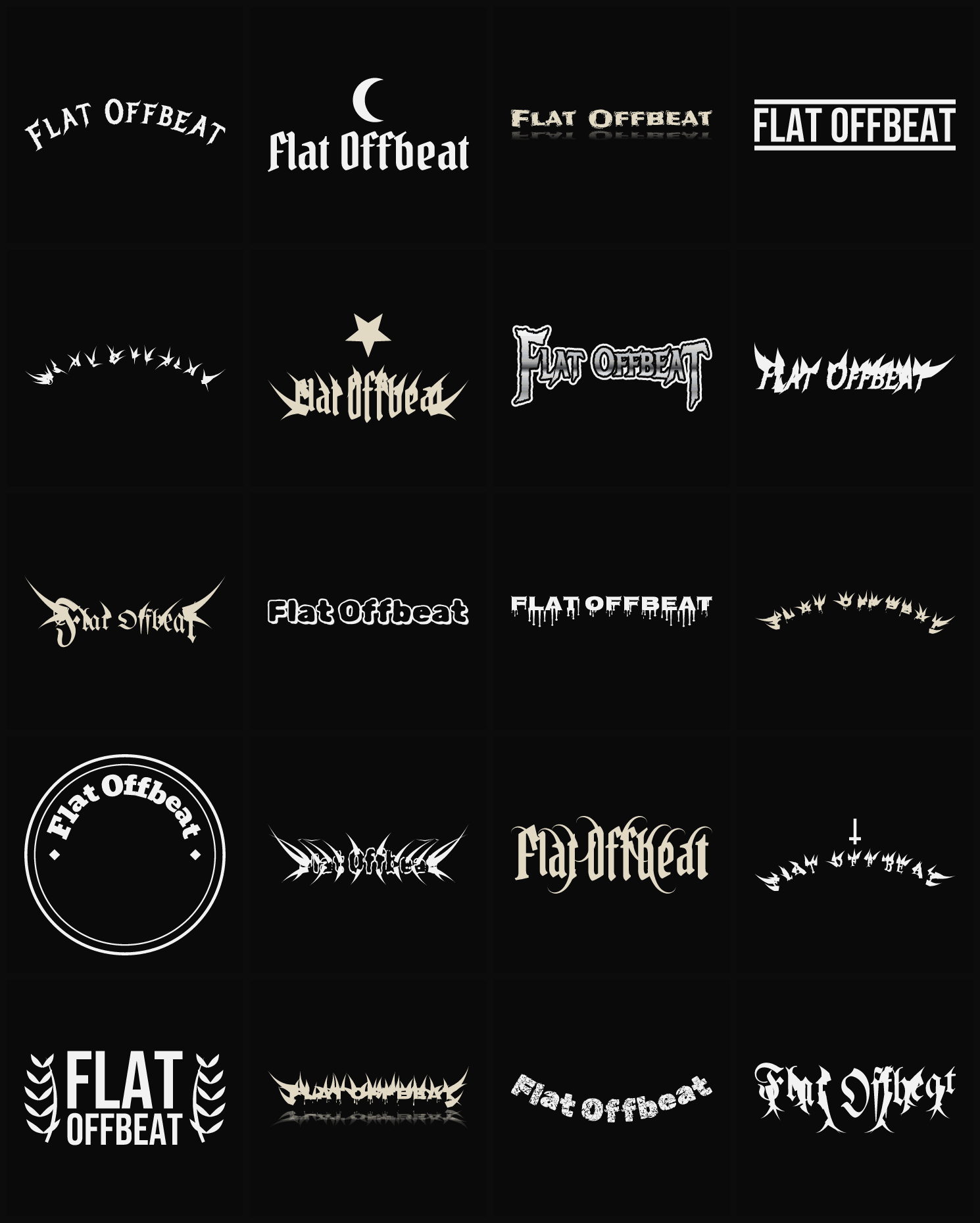 Twenty Flat Offbeat band logo ideas — different faces, treatments and spike settings
