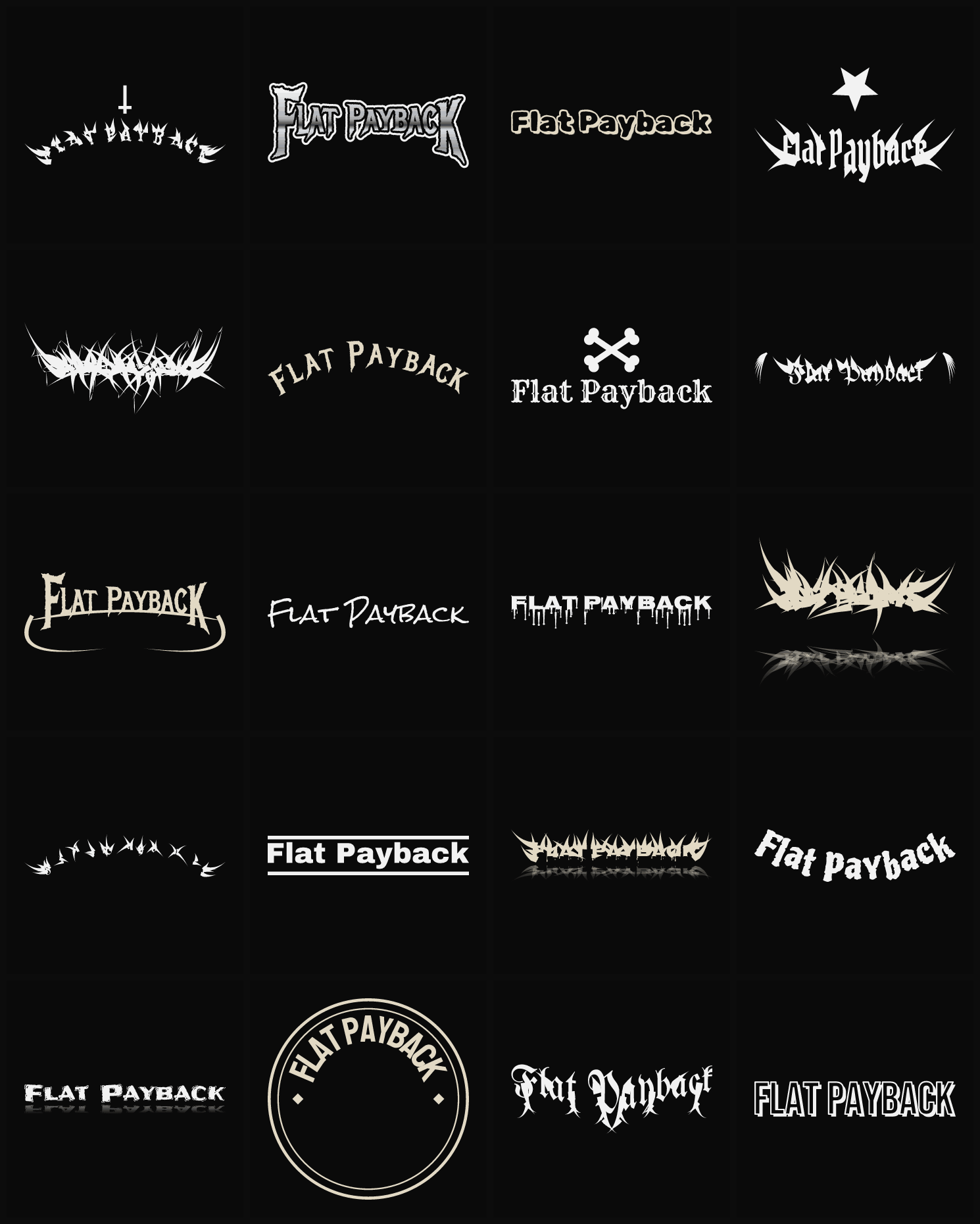 Twenty Flat Payback band logo ideas — different faces, treatments and spike settings