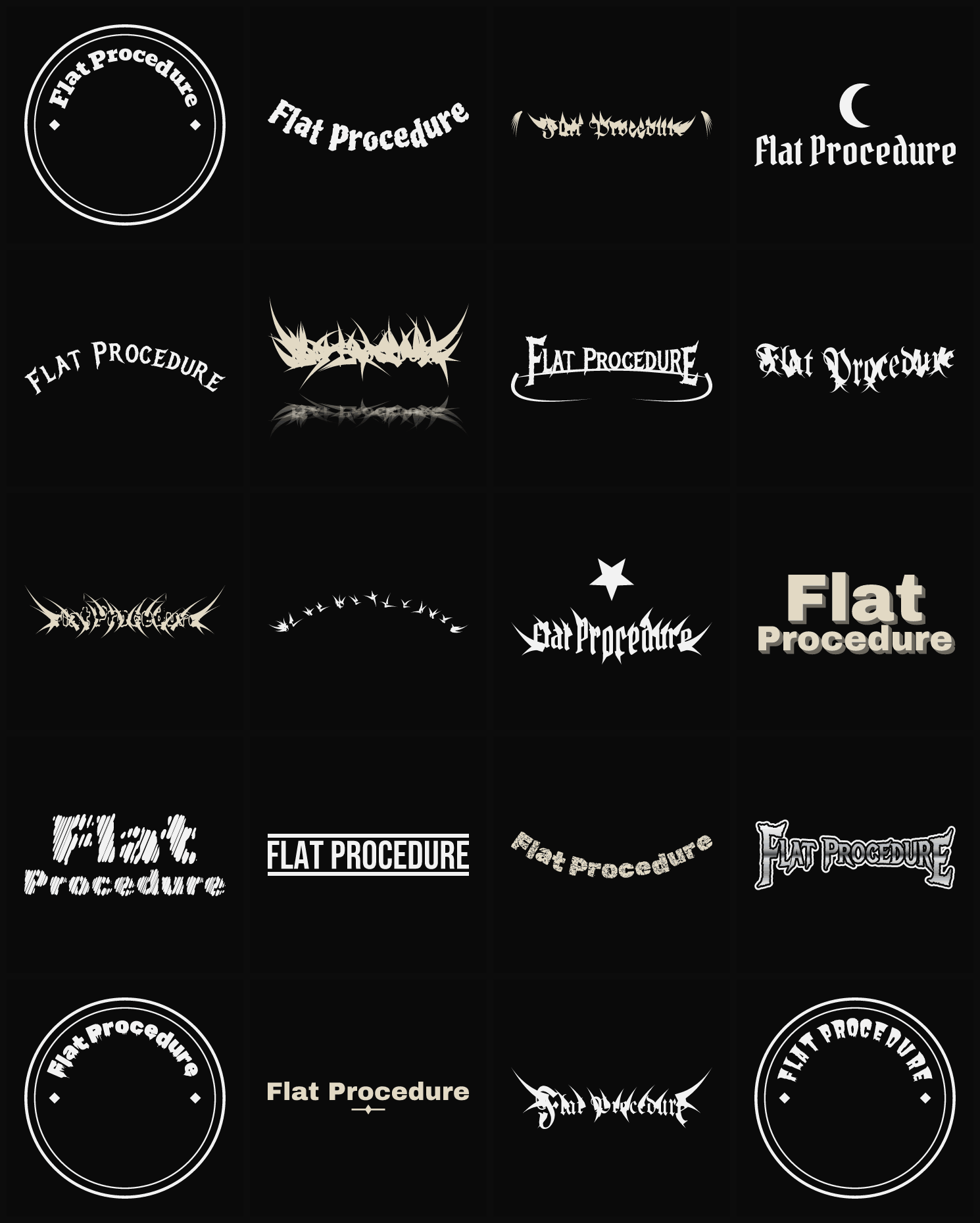 Twenty Flat Procedure band logo ideas — different faces, treatments and spike settings