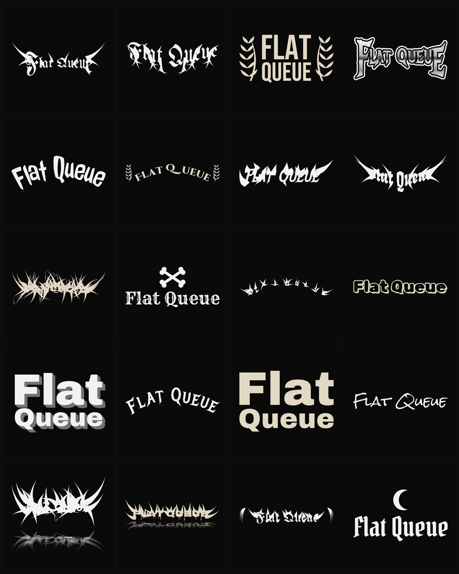 Twenty Flat Queue band logo ideas — different faces, treatments and spike settings