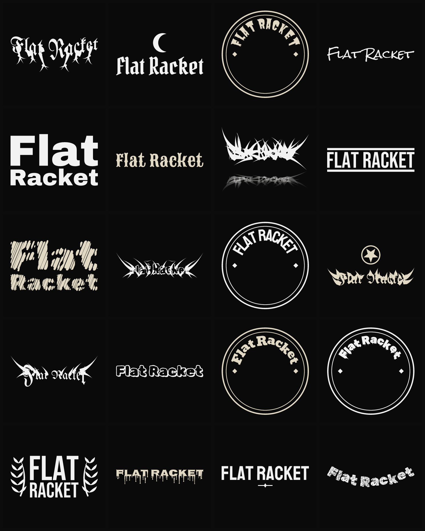 Twenty Flat Racket band logo ideas — different faces, treatments and spike settings