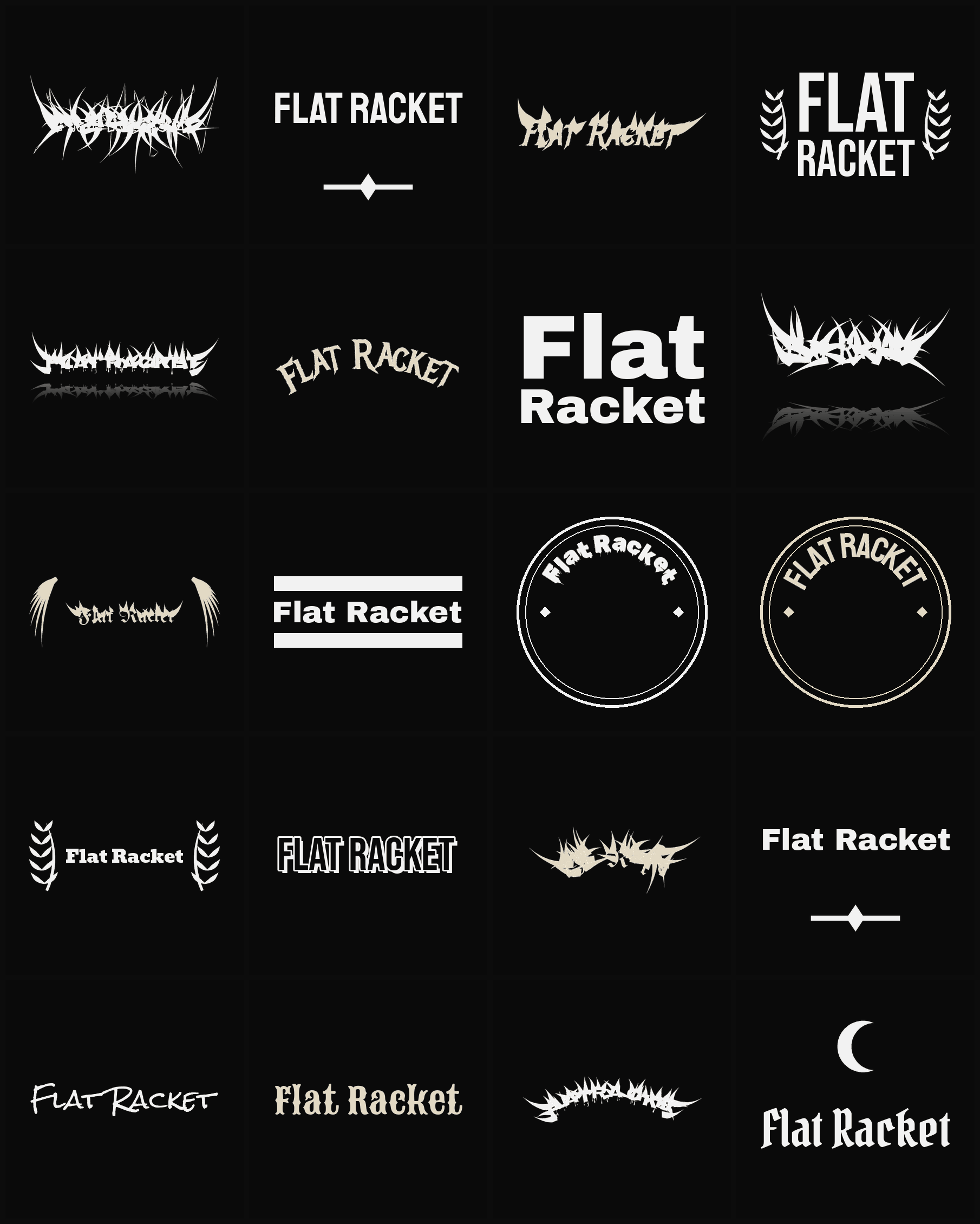 Twenty Flat Racket band logo ideas — different faces, treatments and spike settings
