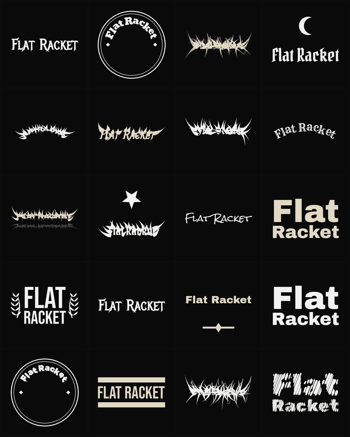 Twenty Flat Racket band logo ideas — different faces, treatments and spike settings