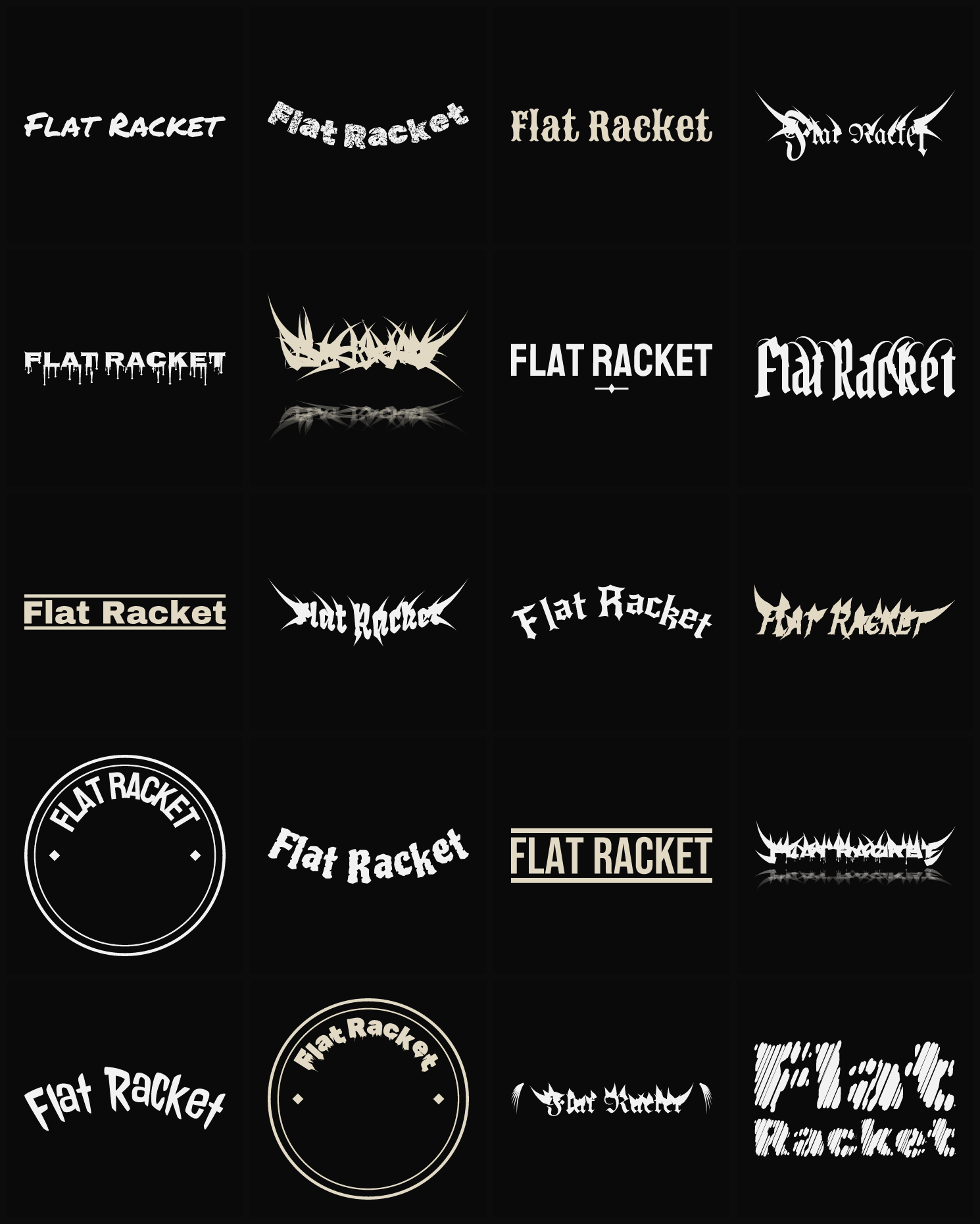 Twenty Flat Racket band logo ideas — different faces, treatments and spike settings