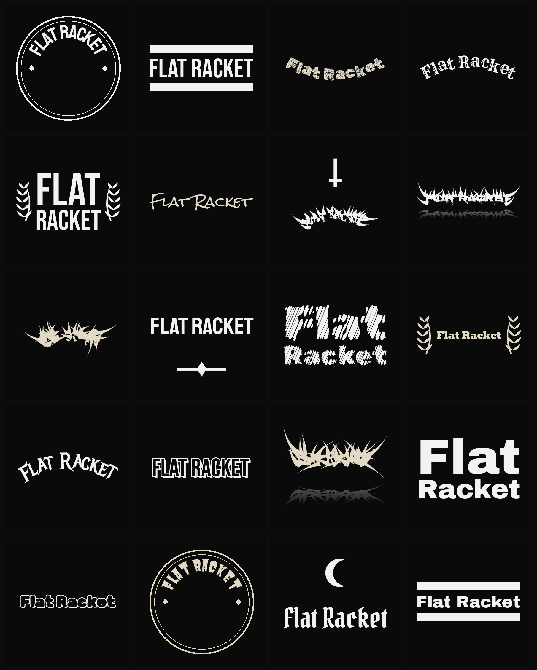 Twenty Flat Racket band logo ideas — different faces, treatments and spike settings