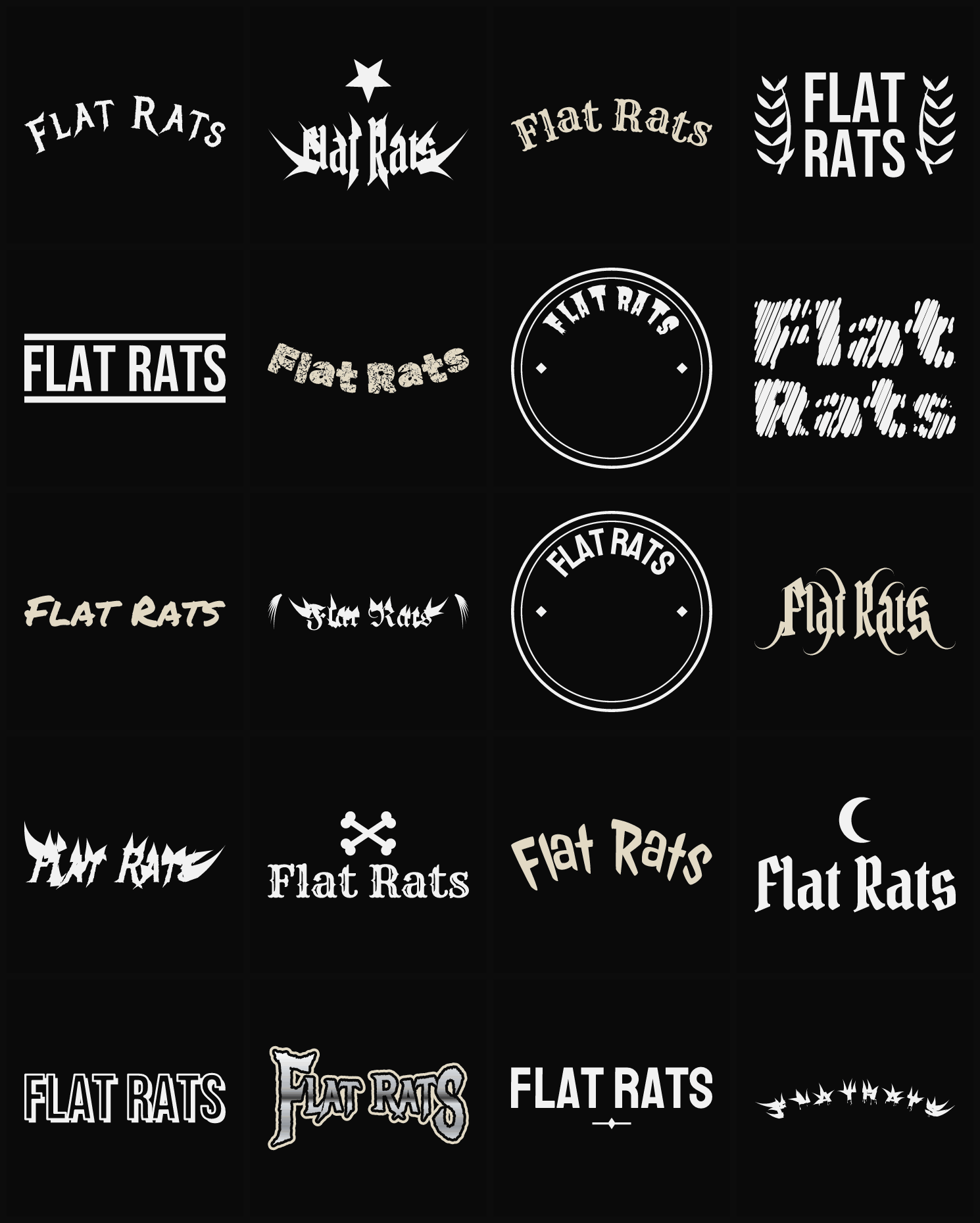 Twenty Flat Rats band logo ideas — different faces, treatments and spike settings