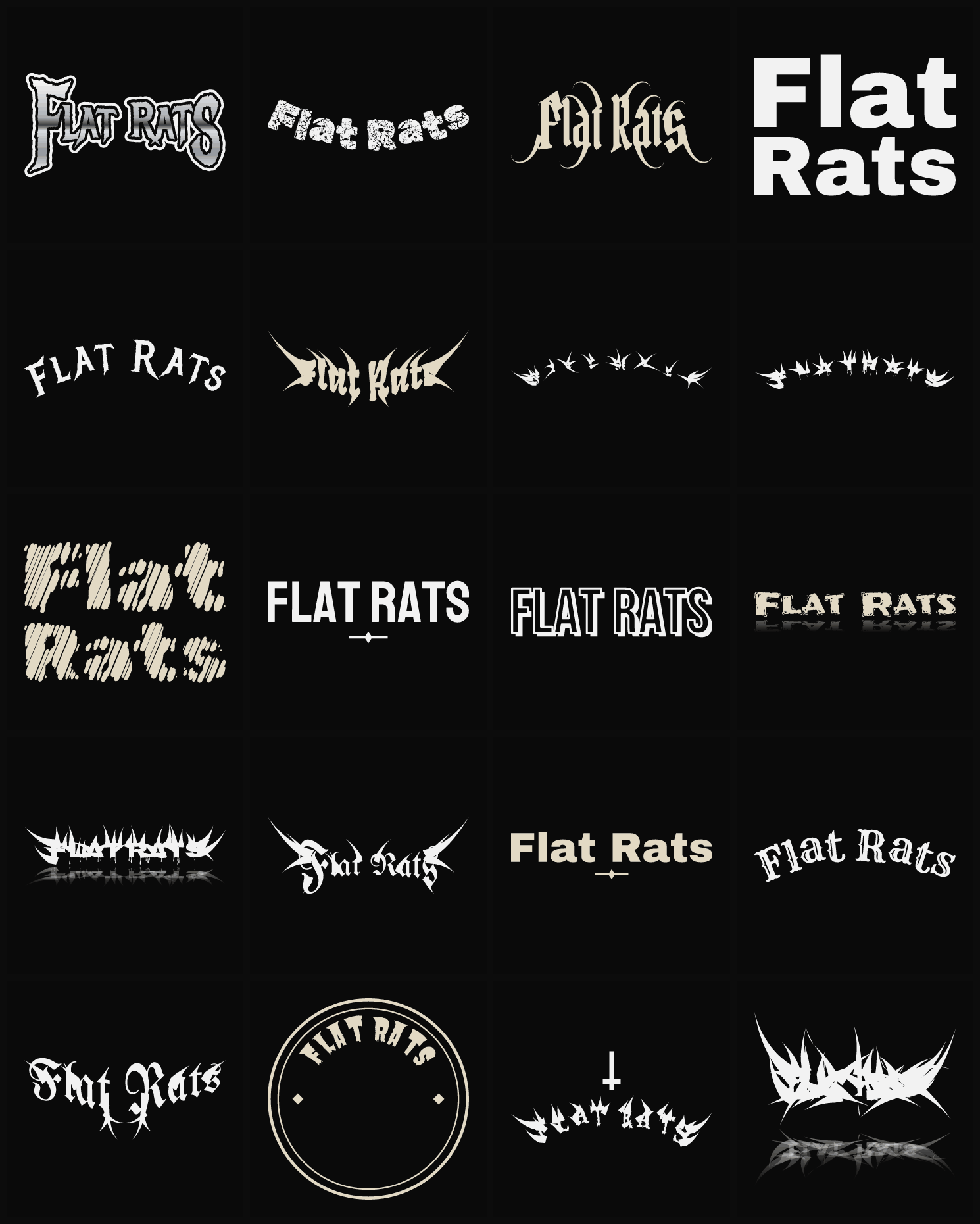 Twenty Flat Rats band logo ideas — different faces, treatments and spike settings