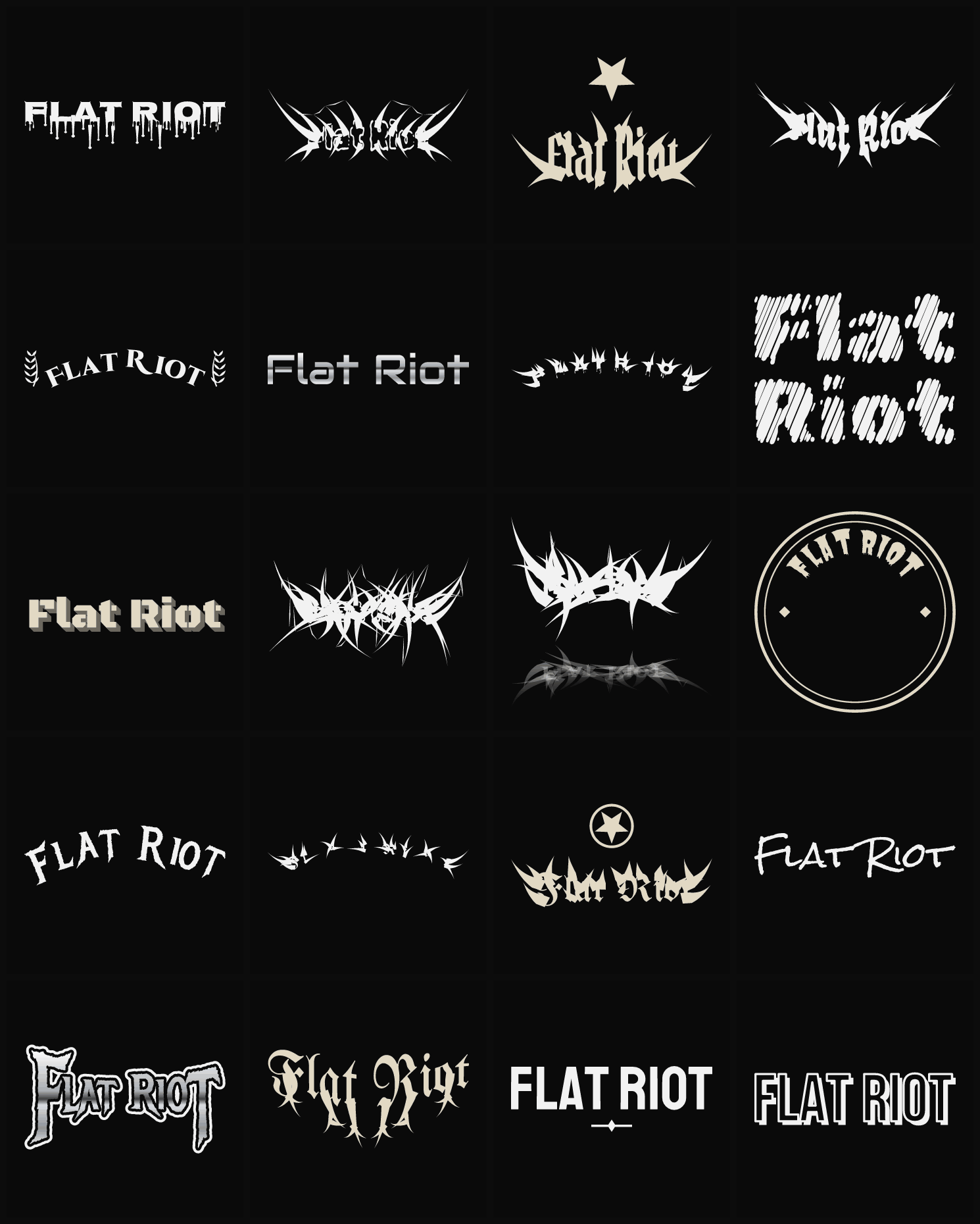 Twenty Flat Riot band logo ideas — different faces, treatments and spike settings