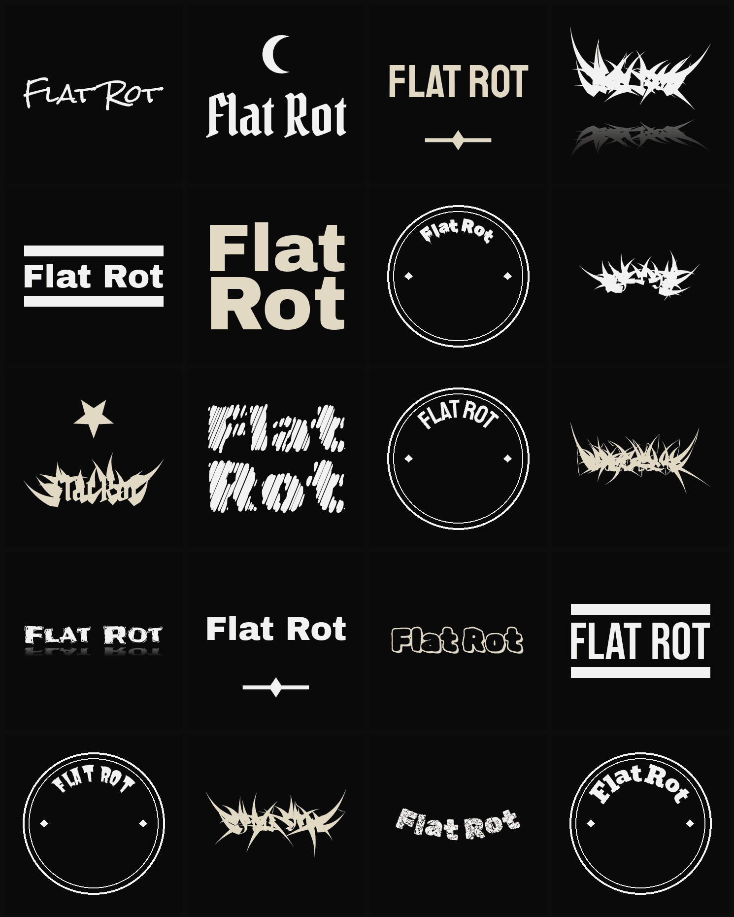 Twenty Flat Rot band logo ideas — different faces, treatments and spike settings