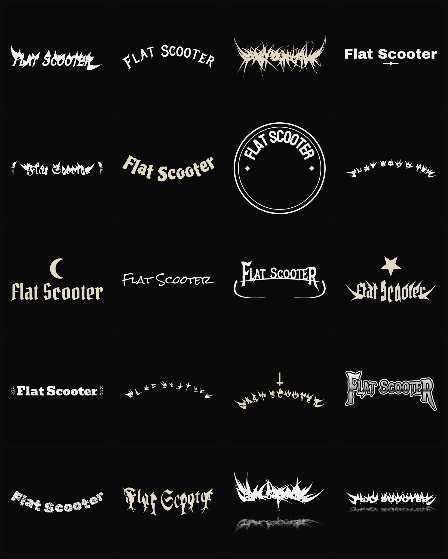 Twenty Flat Scooter band logo ideas — different faces, treatments and spike settings