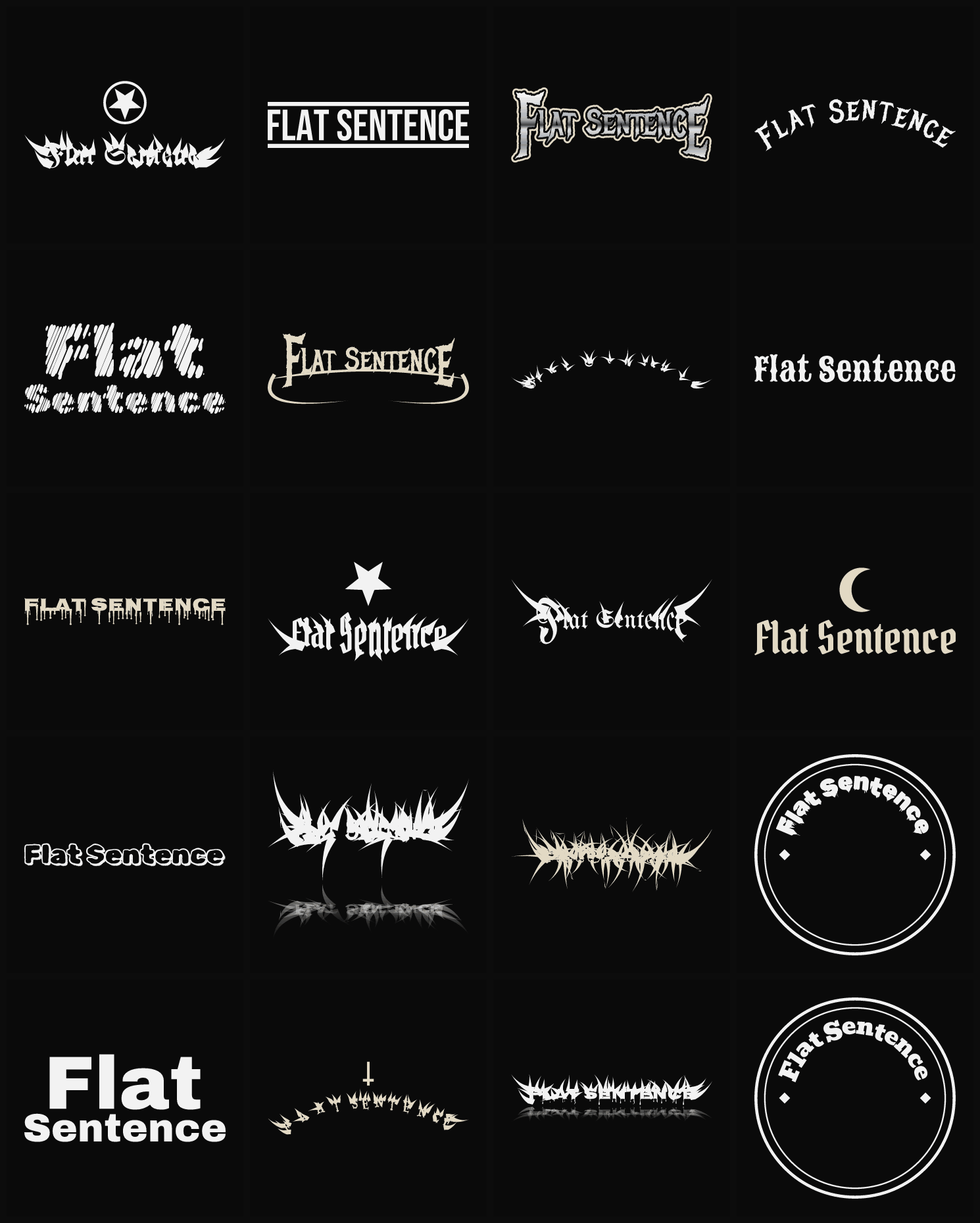 Twenty Flat Sentence band logo ideas — different faces, treatments and spike settings
