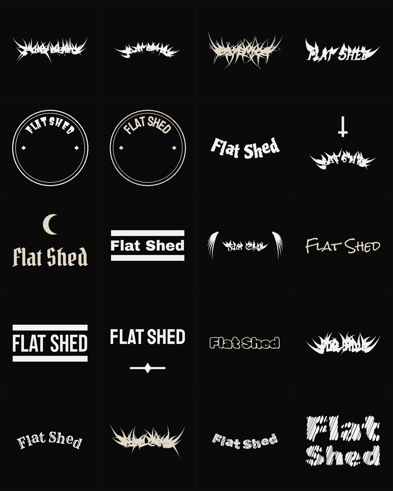 Twenty Flat Shed band logo ideas — different faces, treatments and spike settings