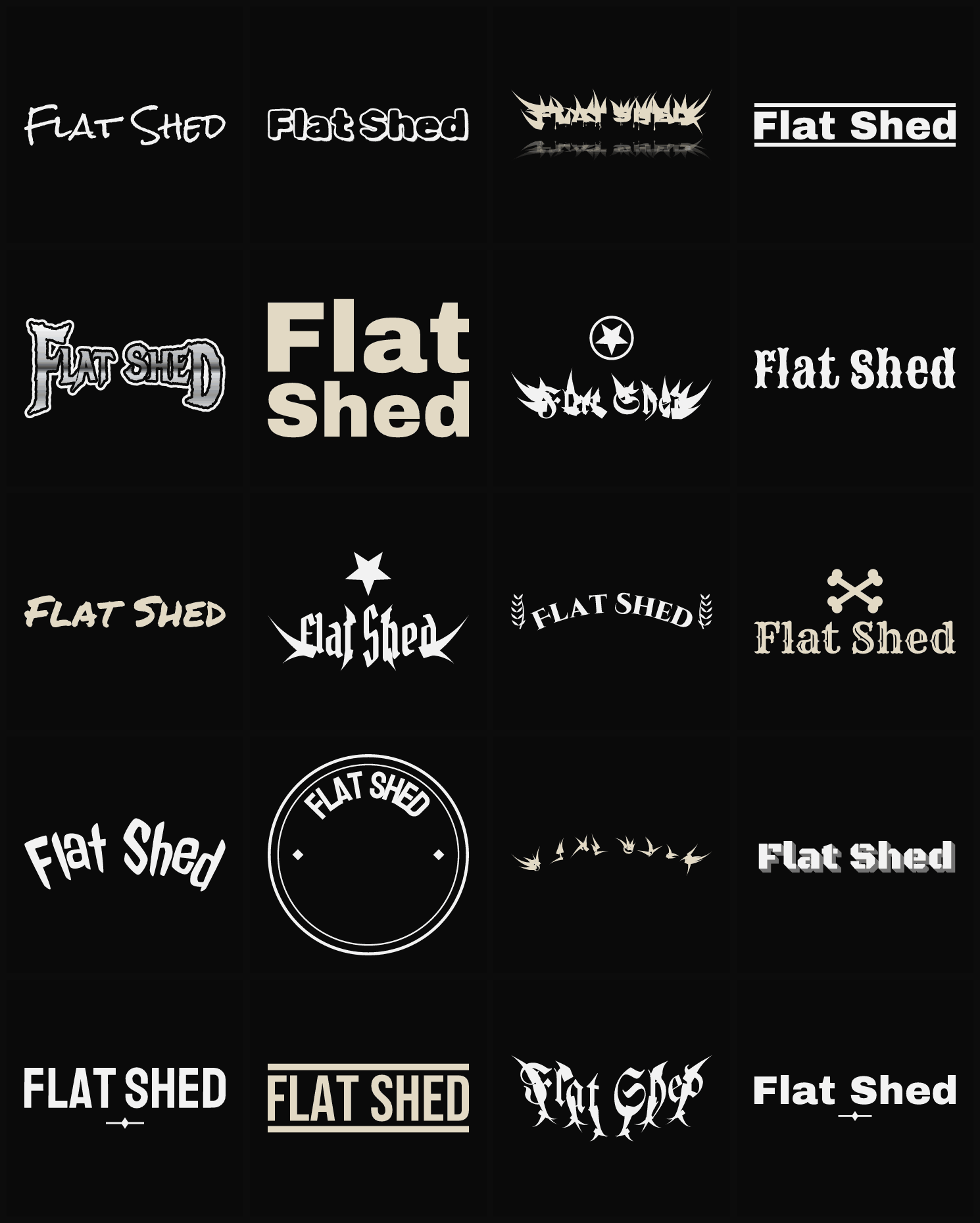 Twenty Flat Shed band logo ideas — different faces, treatments and spike settings