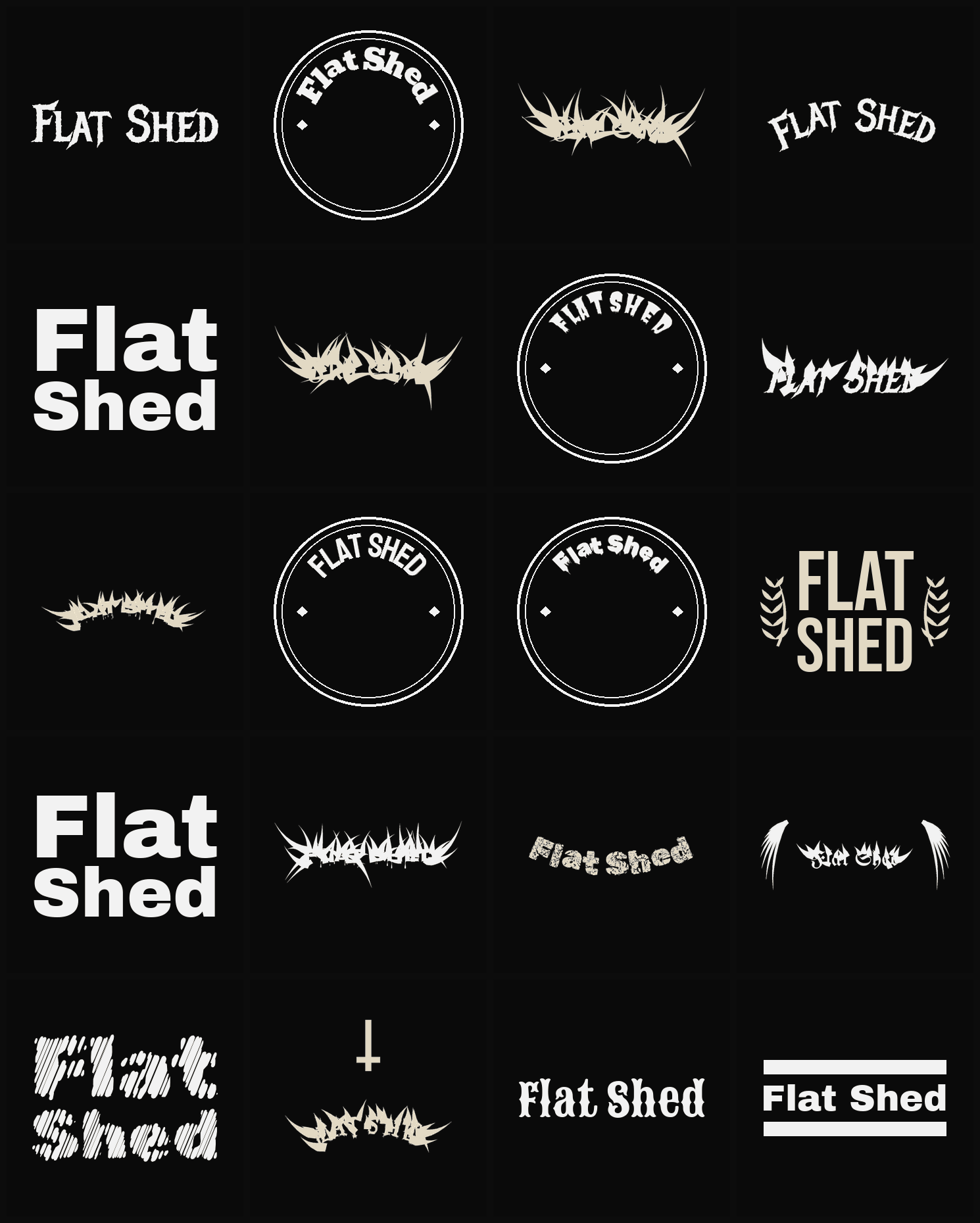 Twenty Flat Shed band logo ideas — different faces, treatments and spike settings
