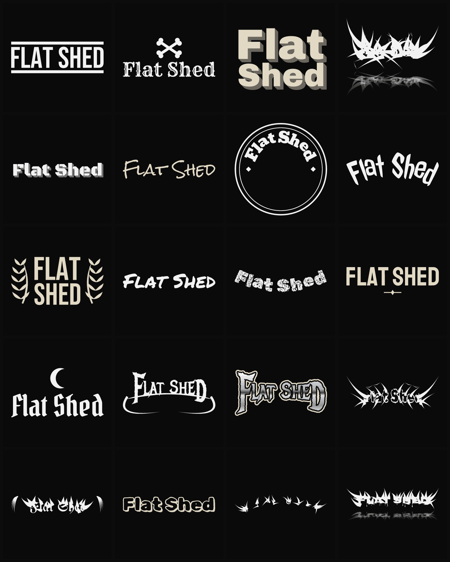 Twenty Flat Shed band logo ideas — different faces, treatments and spike settings