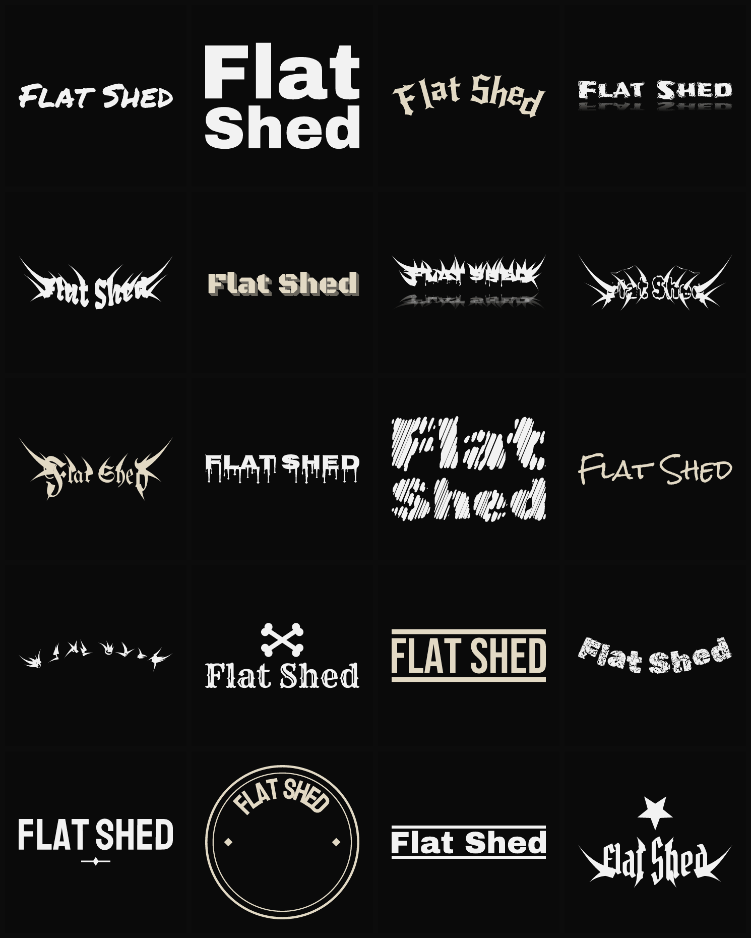 Twenty Flat Shed band logo ideas — different faces, treatments and spike settings