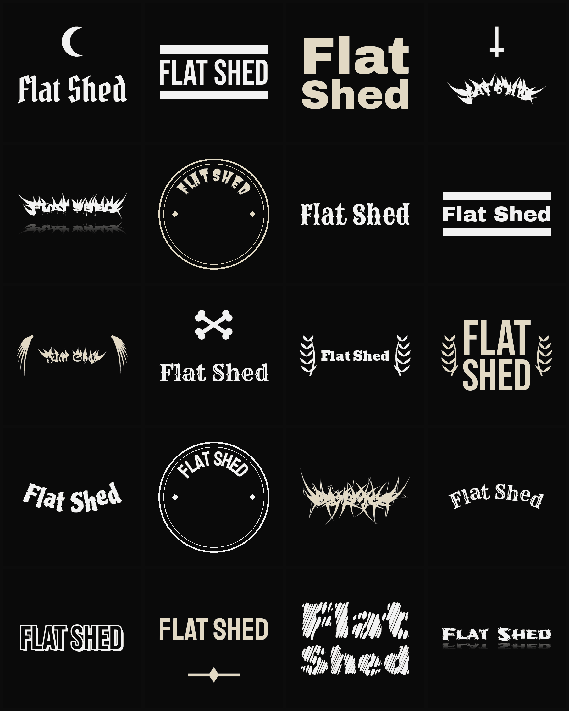 Twenty Flat Shed band logo ideas — different faces, treatments and spike settings