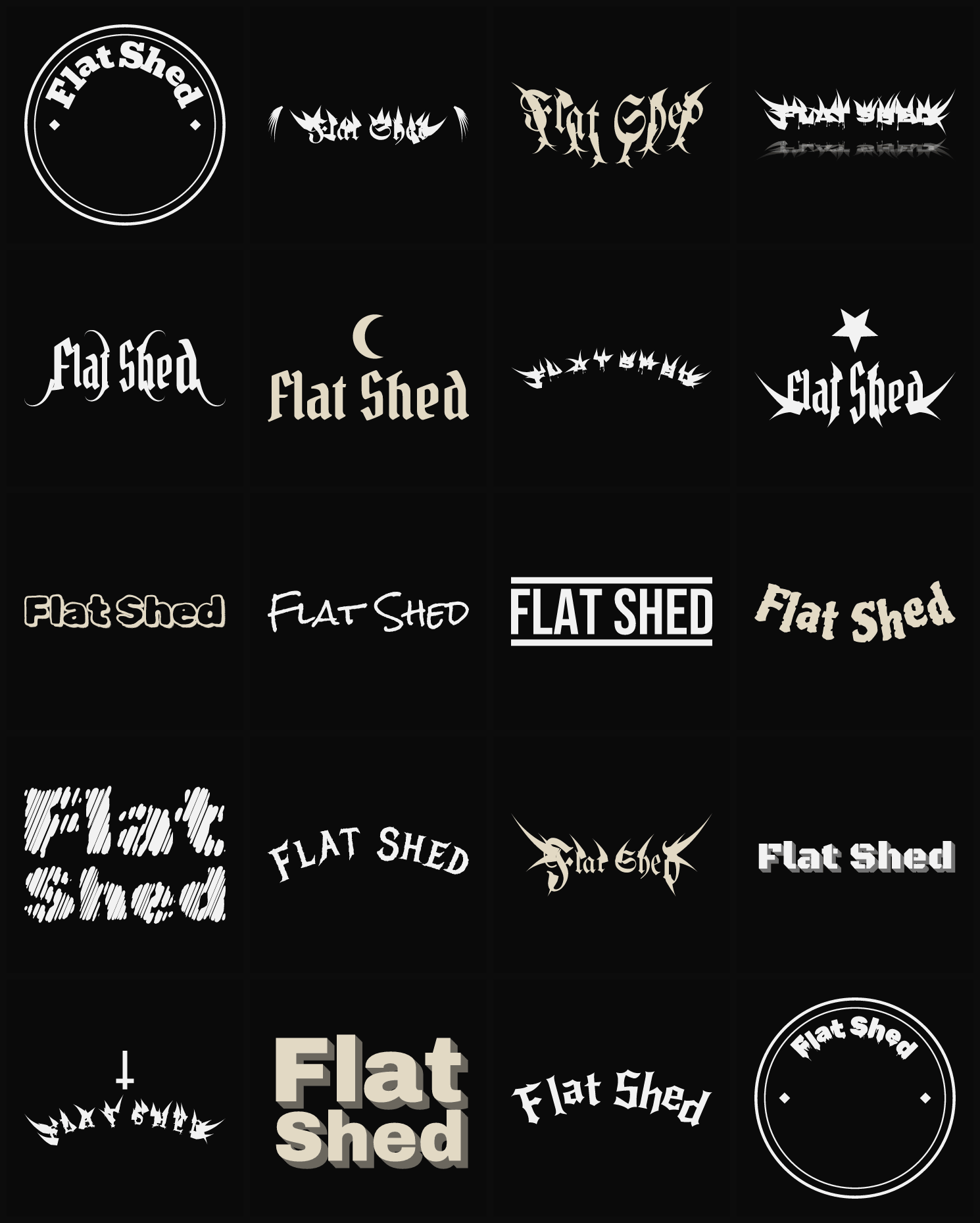 Twenty Flat Shed band logo ideas — different faces, treatments and spike settings