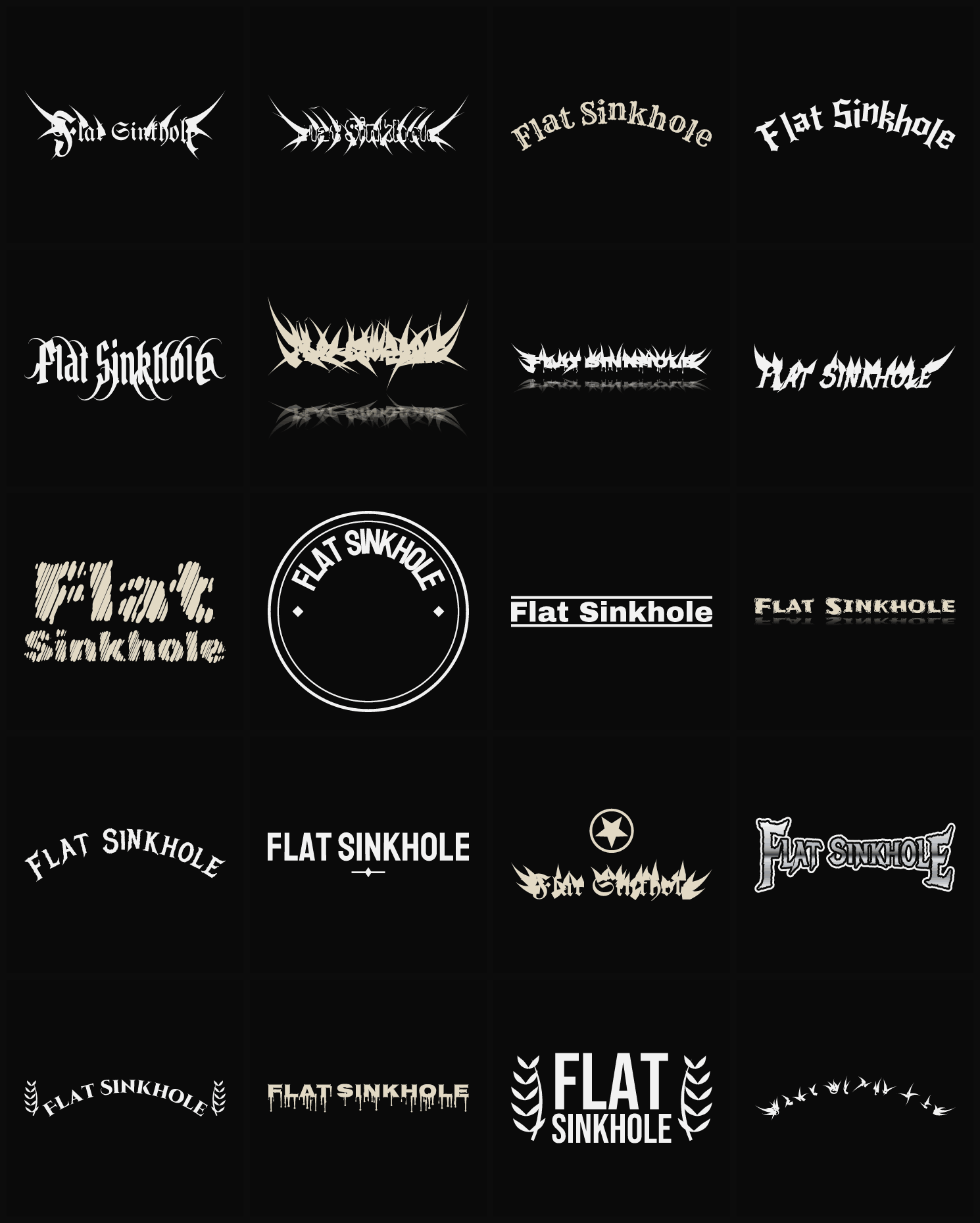 Twenty Flat Sinkhole band logo ideas — different faces, treatments and spike settings
