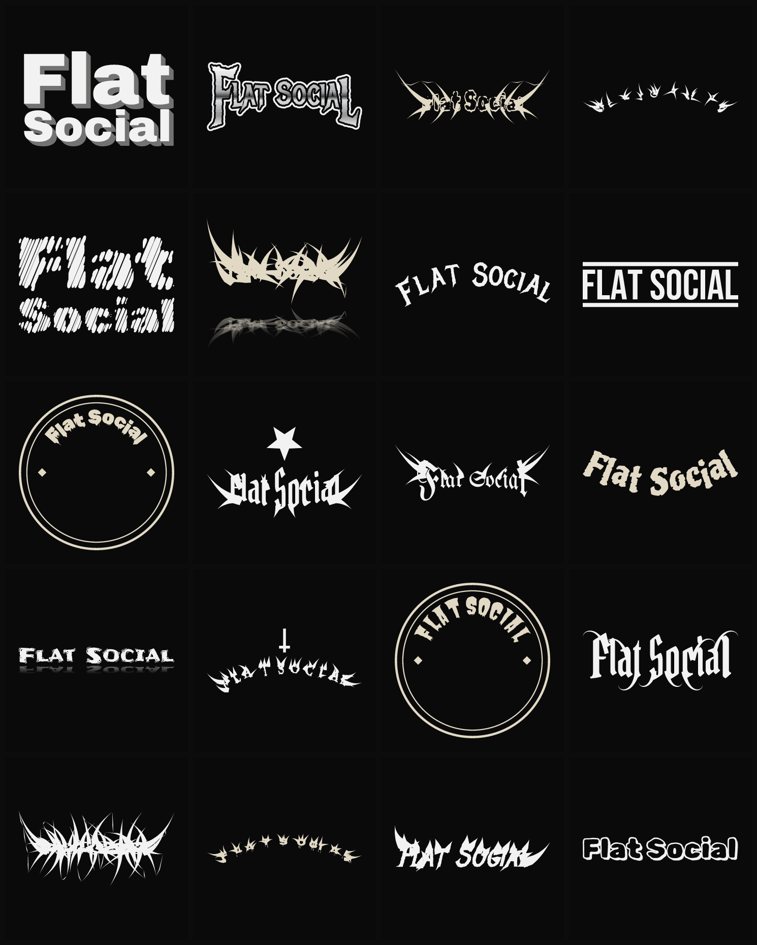Twenty Flat Social band logo ideas — different faces, treatments and spike settings