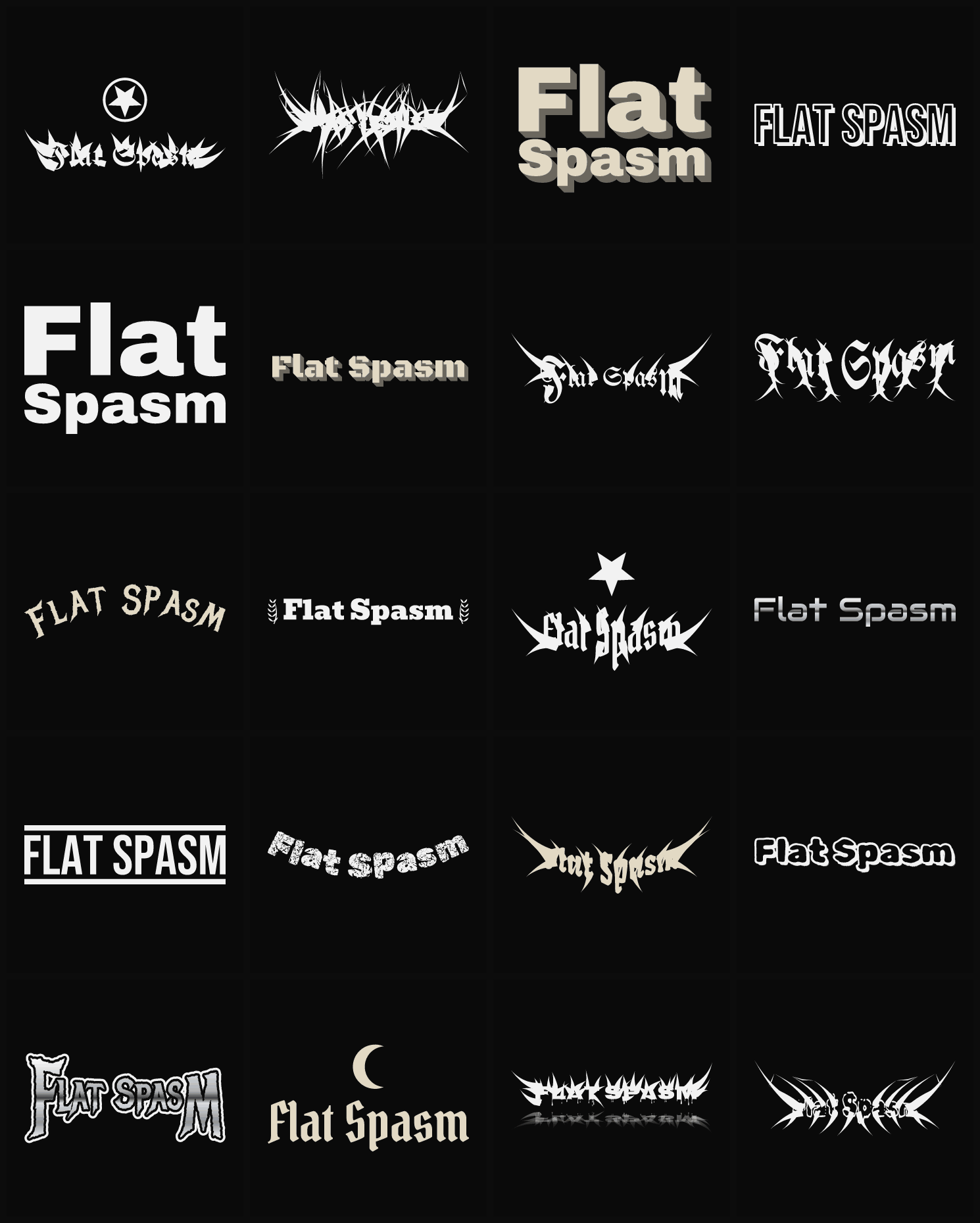 Twenty Flat Spasm band logo ideas — different faces, treatments and spike settings