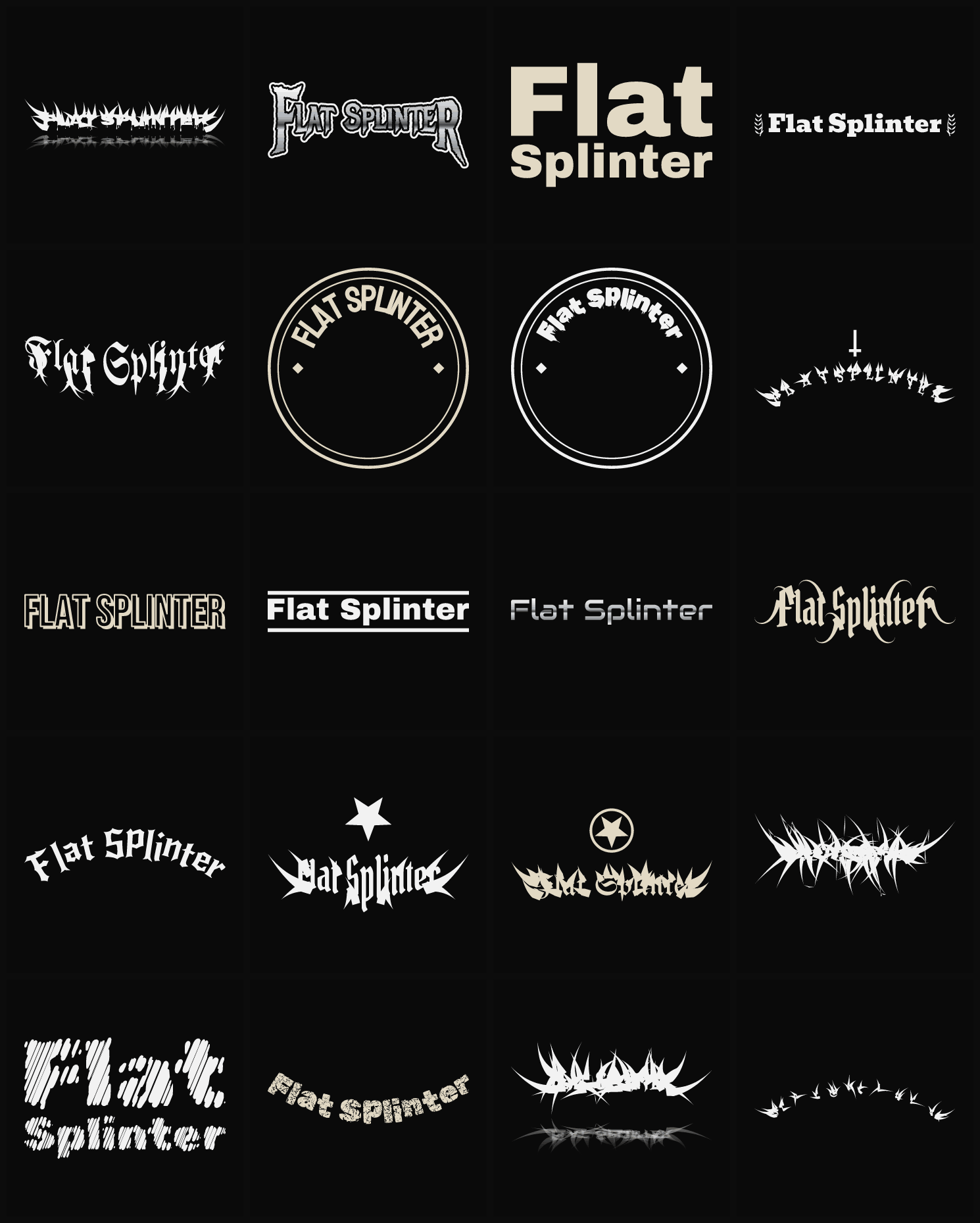 Twenty Flat Splinter band logo ideas — different faces, treatments and spike settings