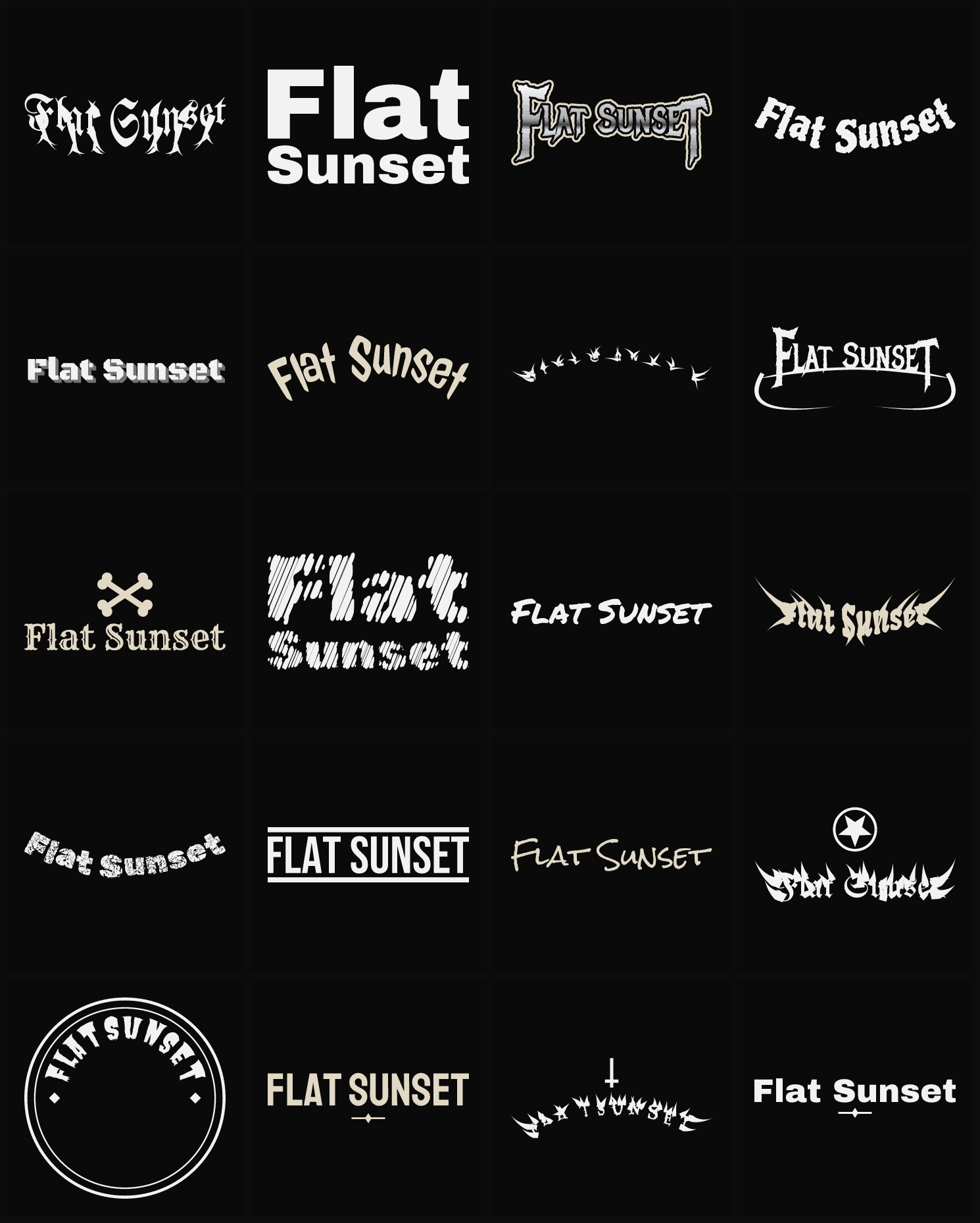 Twenty Flat Sunset band logo ideas — different faces, treatments and spike settings