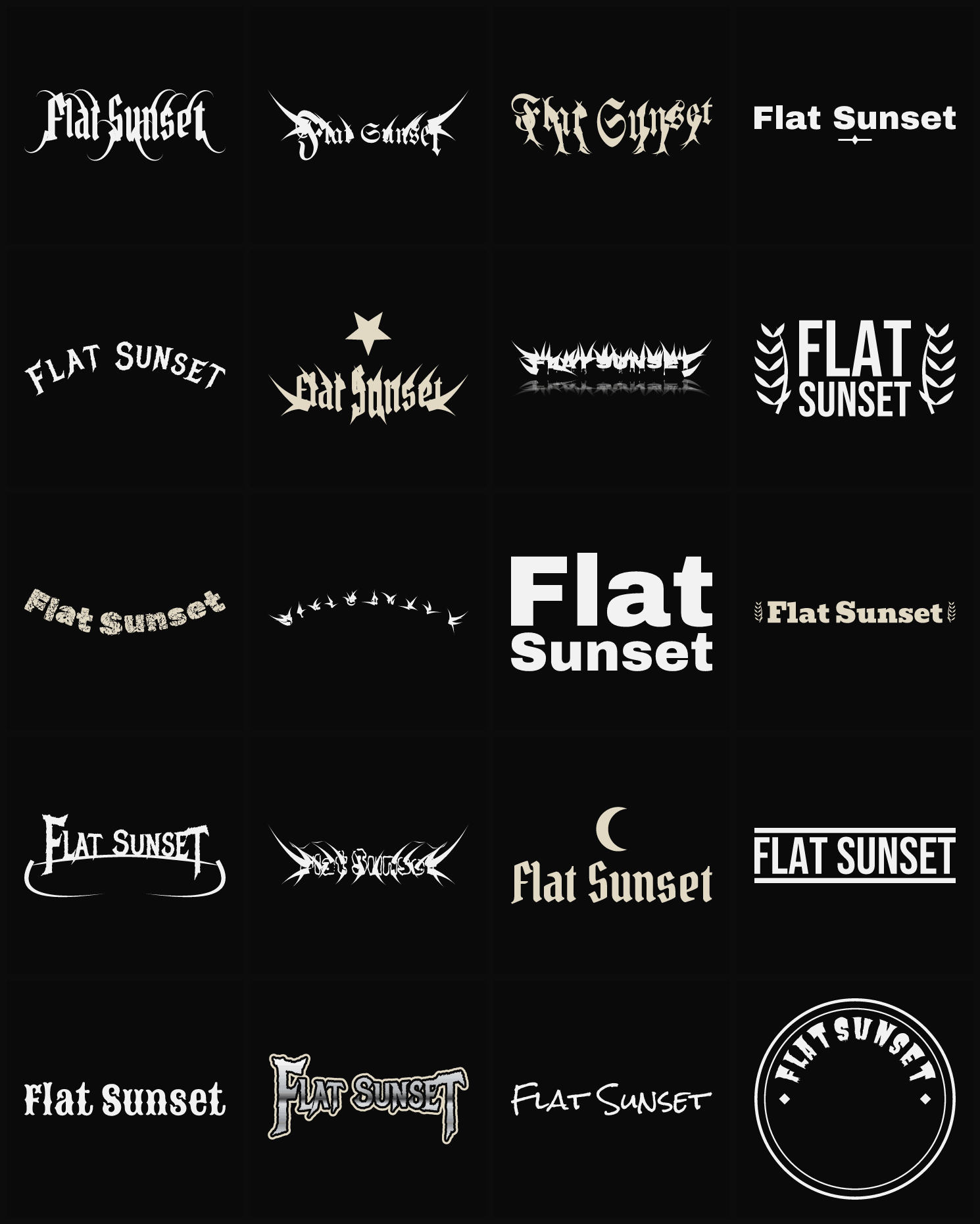Twenty Flat Sunset band logo ideas — different faces, treatments and spike settings