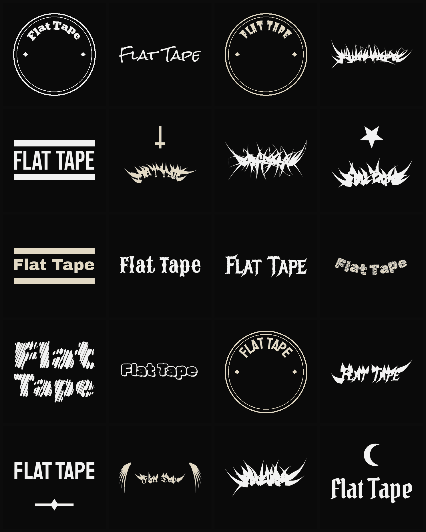 Twenty Flat Tape band logo ideas — different faces, treatments and spike settings